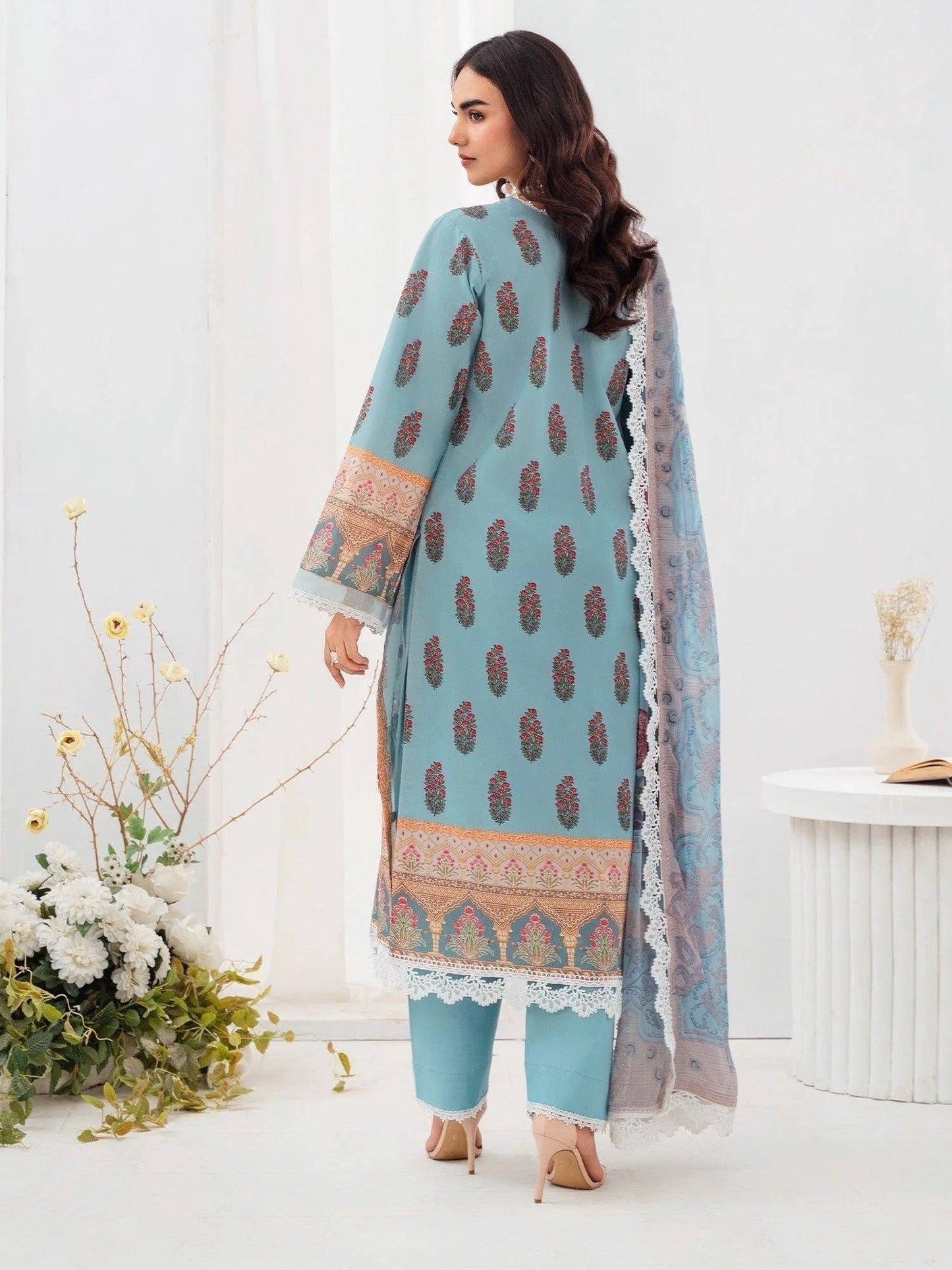 Blue-Chandan Nagri Lawn Embroidered Stitched 3-Piece Suit-Fleur