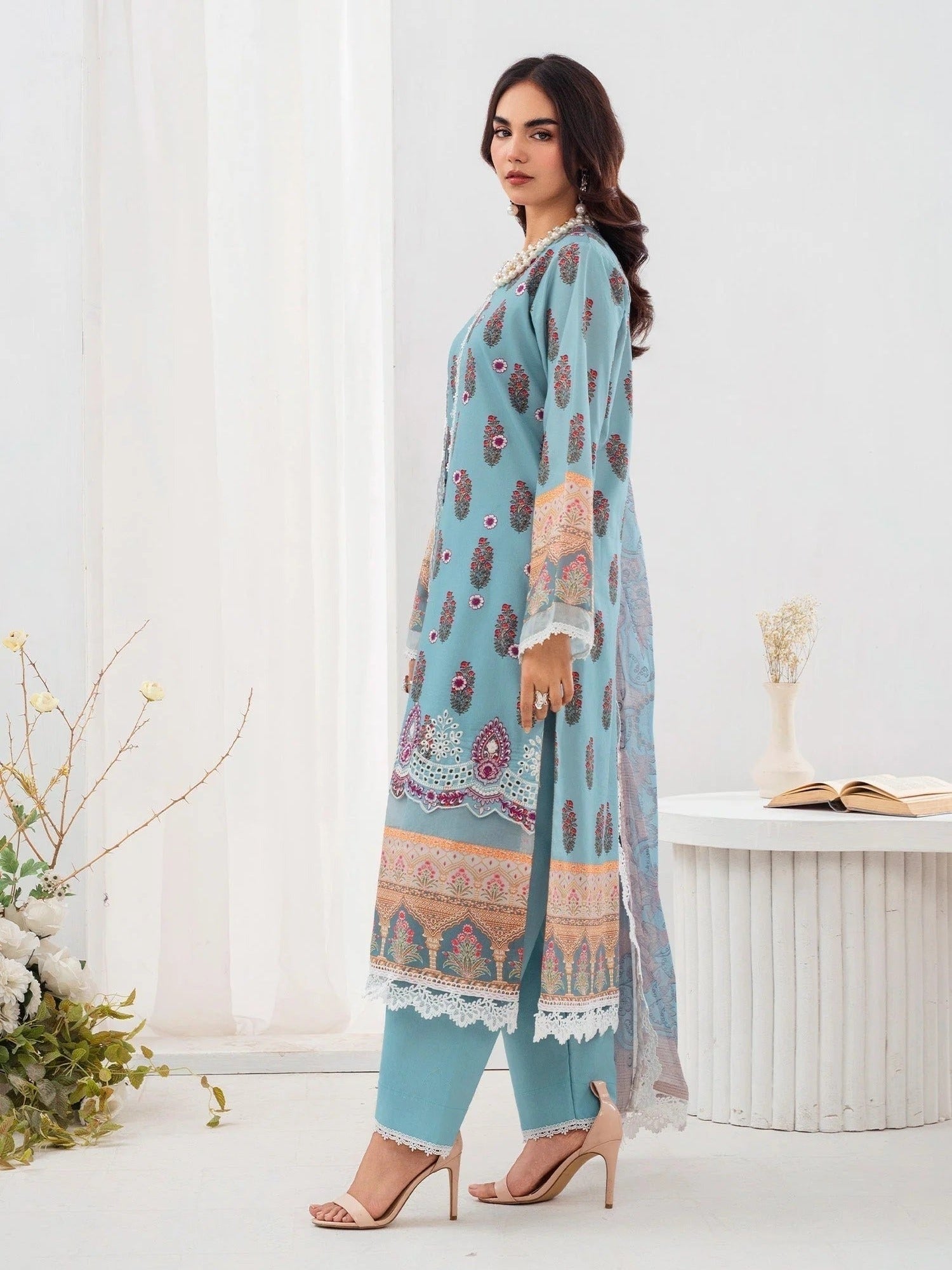 Blue-Chandan Nagri Lawn Embroidered Stitched 3-Piece Suit-Fleur