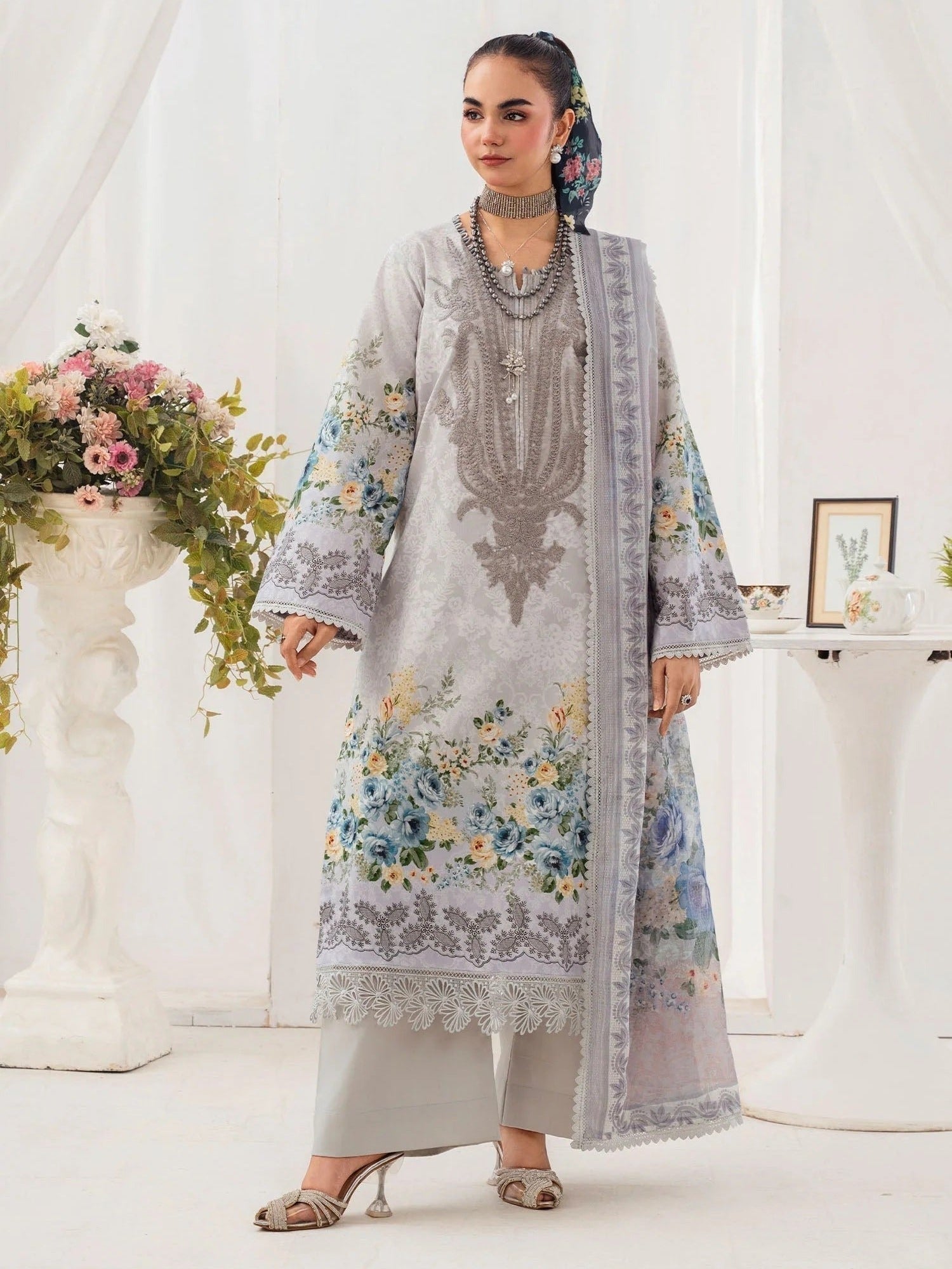 Grey-Chandan Nagri Lawn Embroidered Stitched 3-Piece Suit-Elysee