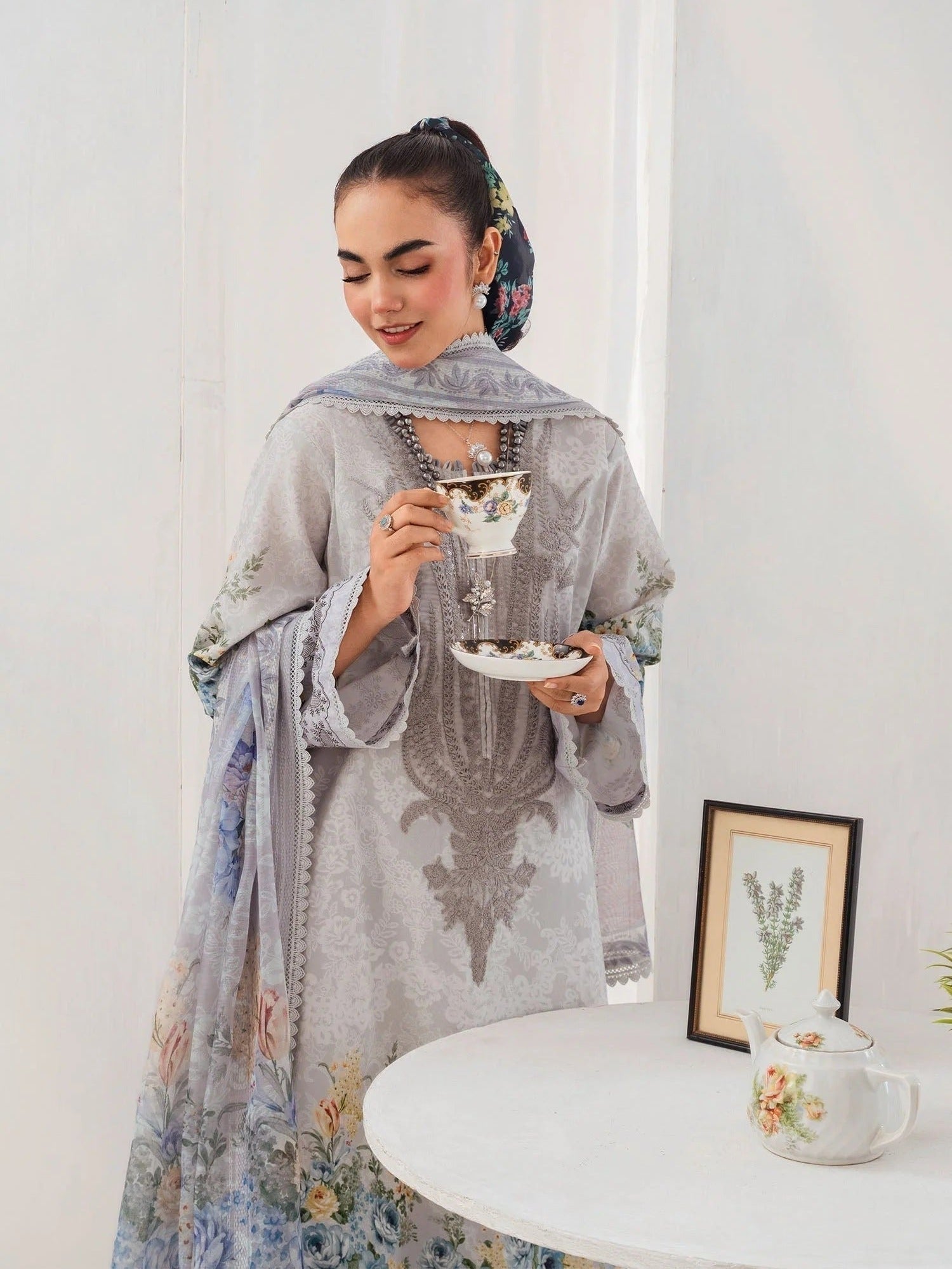 Grey-Chandan Nagri Lawn Embroidered Stitched 3-Piece Suit-Elysee