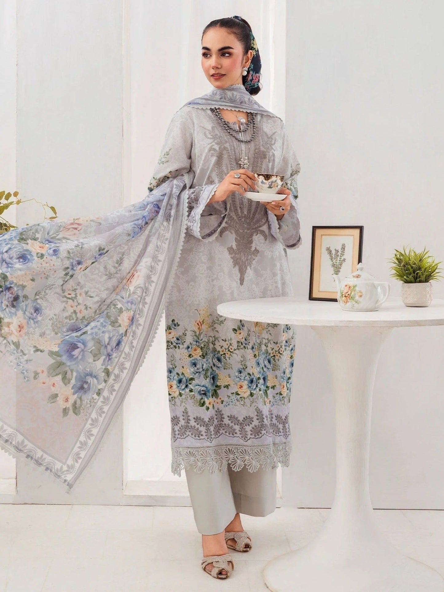 Grey-Chandan Nagri Lawn Embroidered Stitched 3-Piece Suit-Elysee