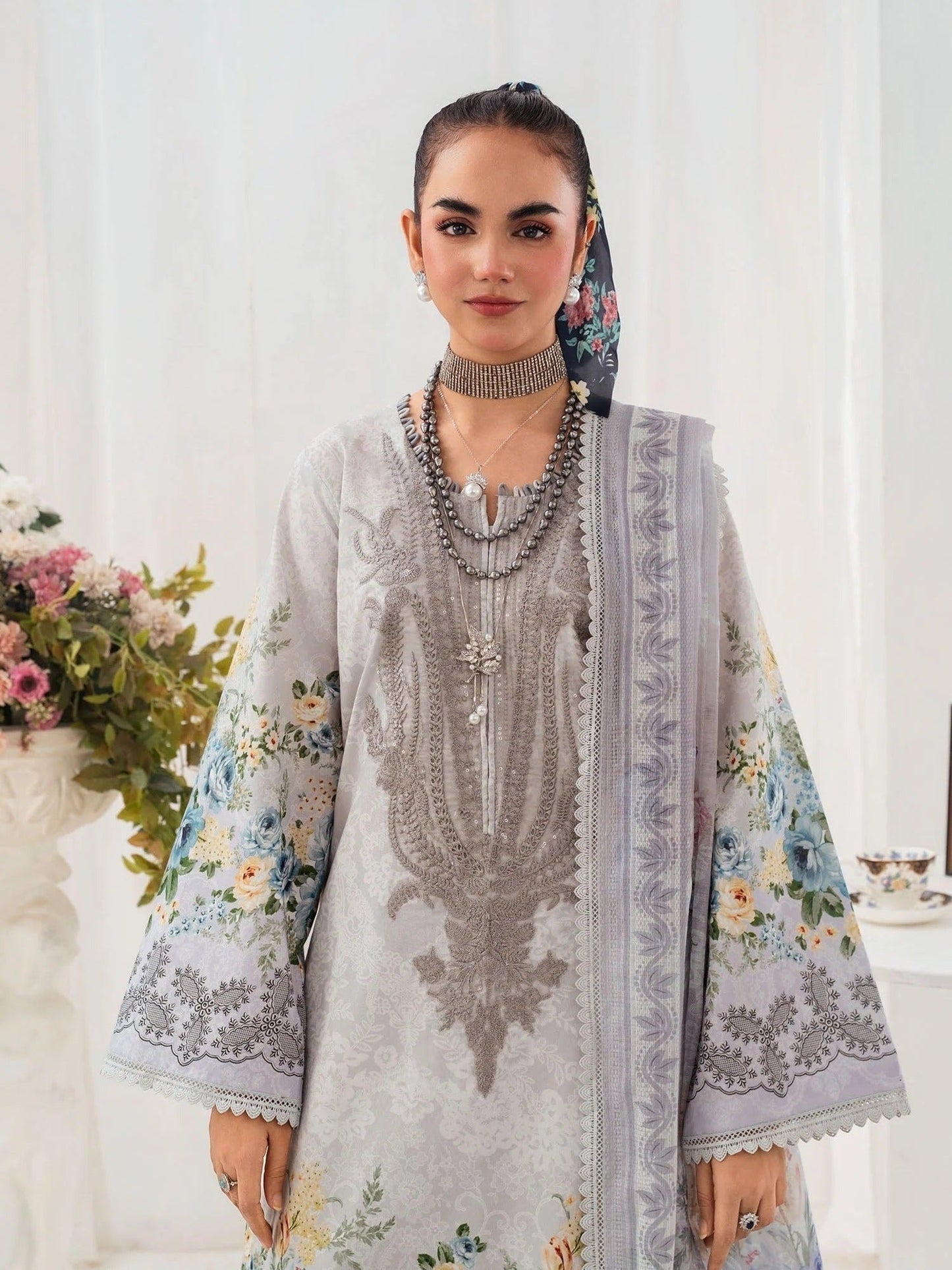 Grey-Chandan Nagri Lawn Embroidered Stitched 3-Piece Suit-Elysee