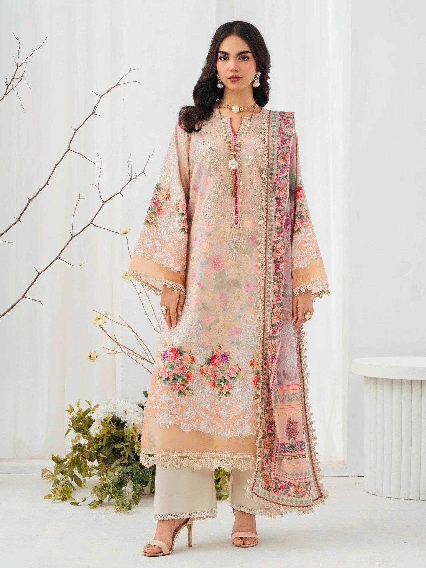 Peach-Chandan Nagri Lawn Embroidered Stitched 3-Piece Suit-Ornee