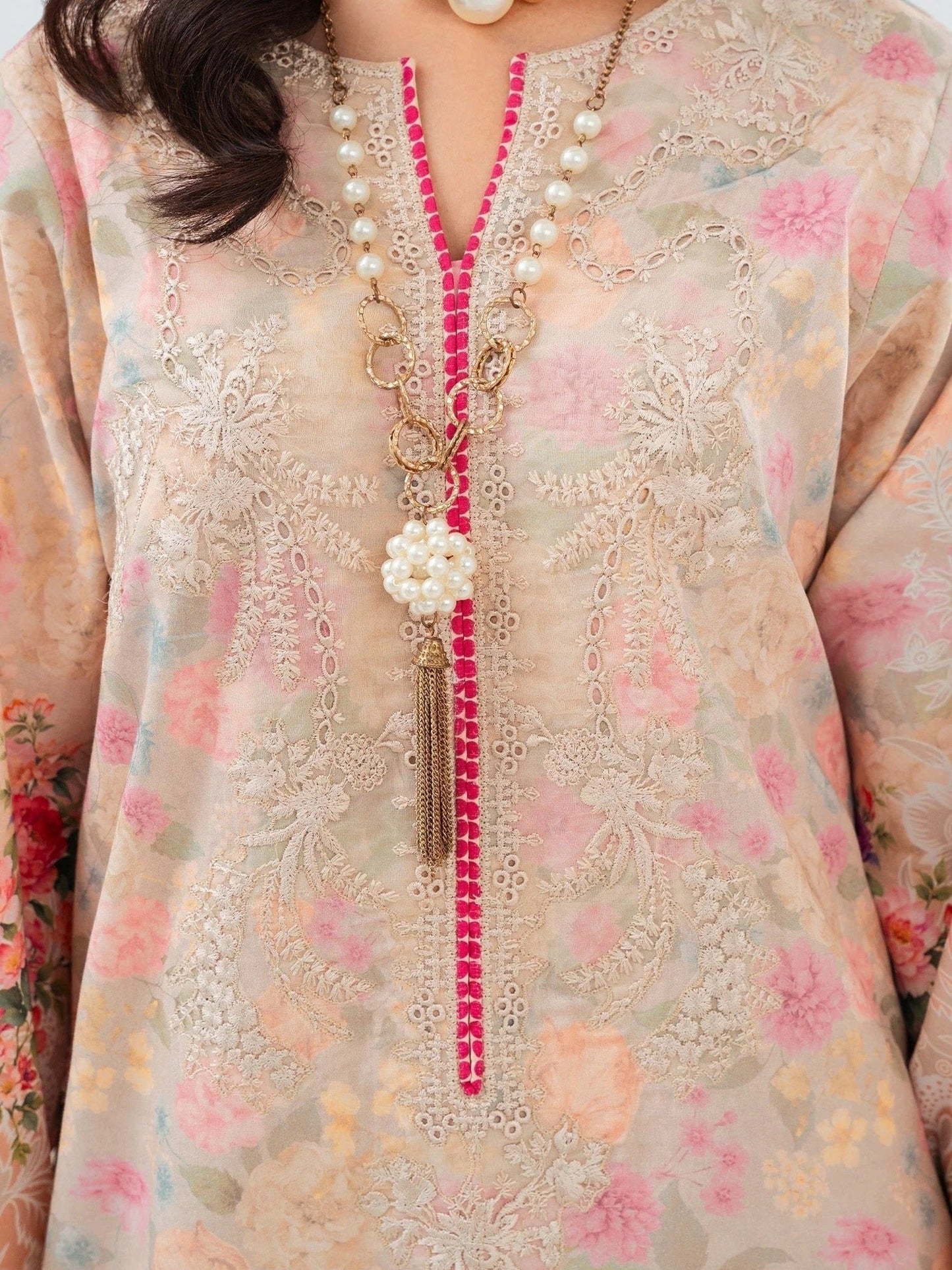 Peach-Chandan Nagri Lawn Embroidered Stitched 3-Piece Suit-Ornee