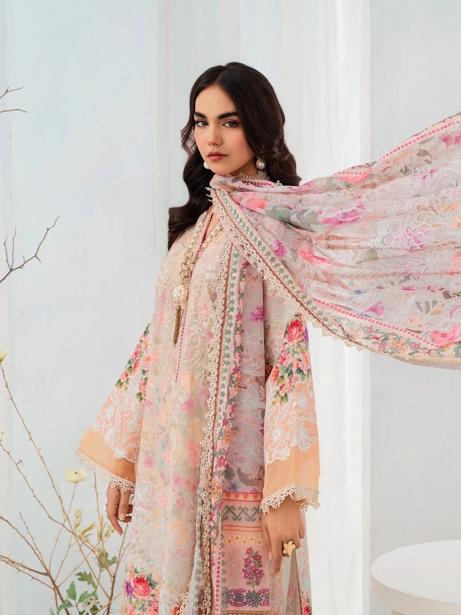 Peach-Chandan Nagri Lawn Embroidered Stitched 3-Piece Suit-Ornee