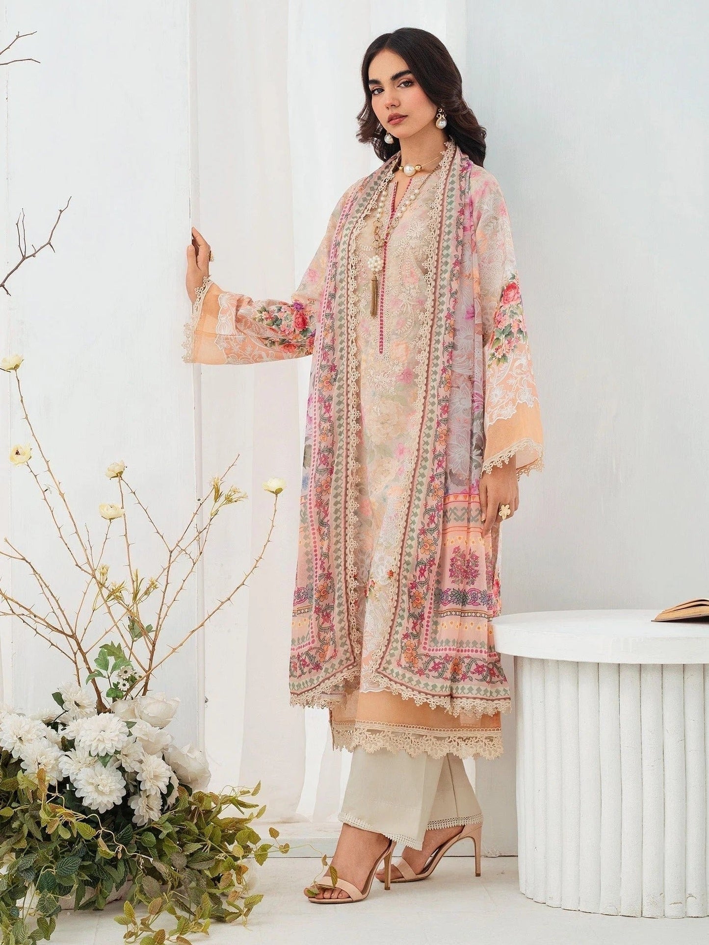 Peach-Chandan Nagri Lawn Embroidered Stitched 3-Piece Suit-Ornee