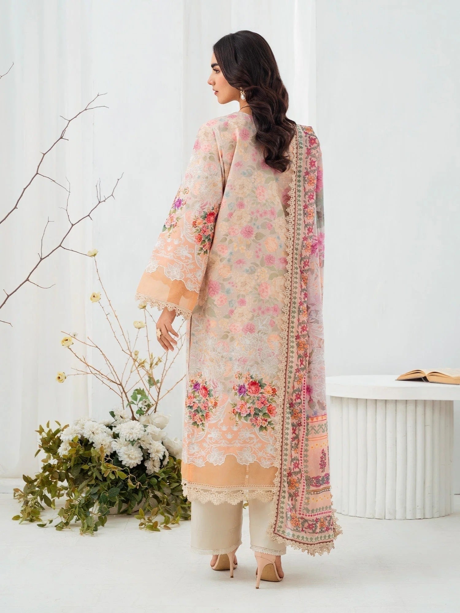 Peach-Chandan Nagri Lawn Embroidered Stitched 3-Piece Suit-Ornee