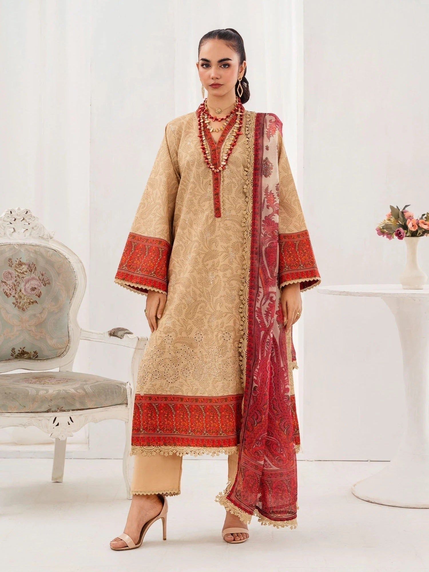 Brown and red-Chandan Nagri Lawn Embroidered Stitched 3-Piece Suit-Perle