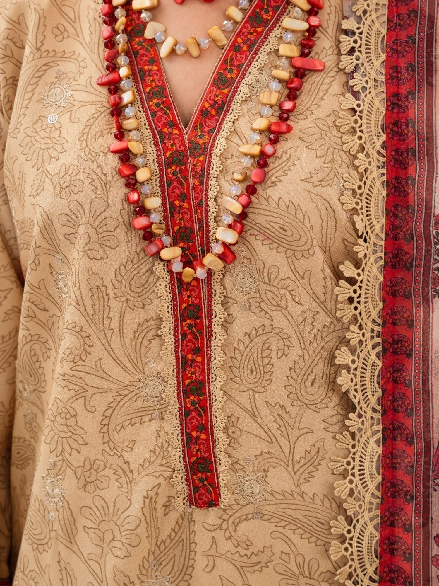 Brown and red-Chandan Nagri Lawn Embroidered Stitched 3-Piece Suit-Perle
