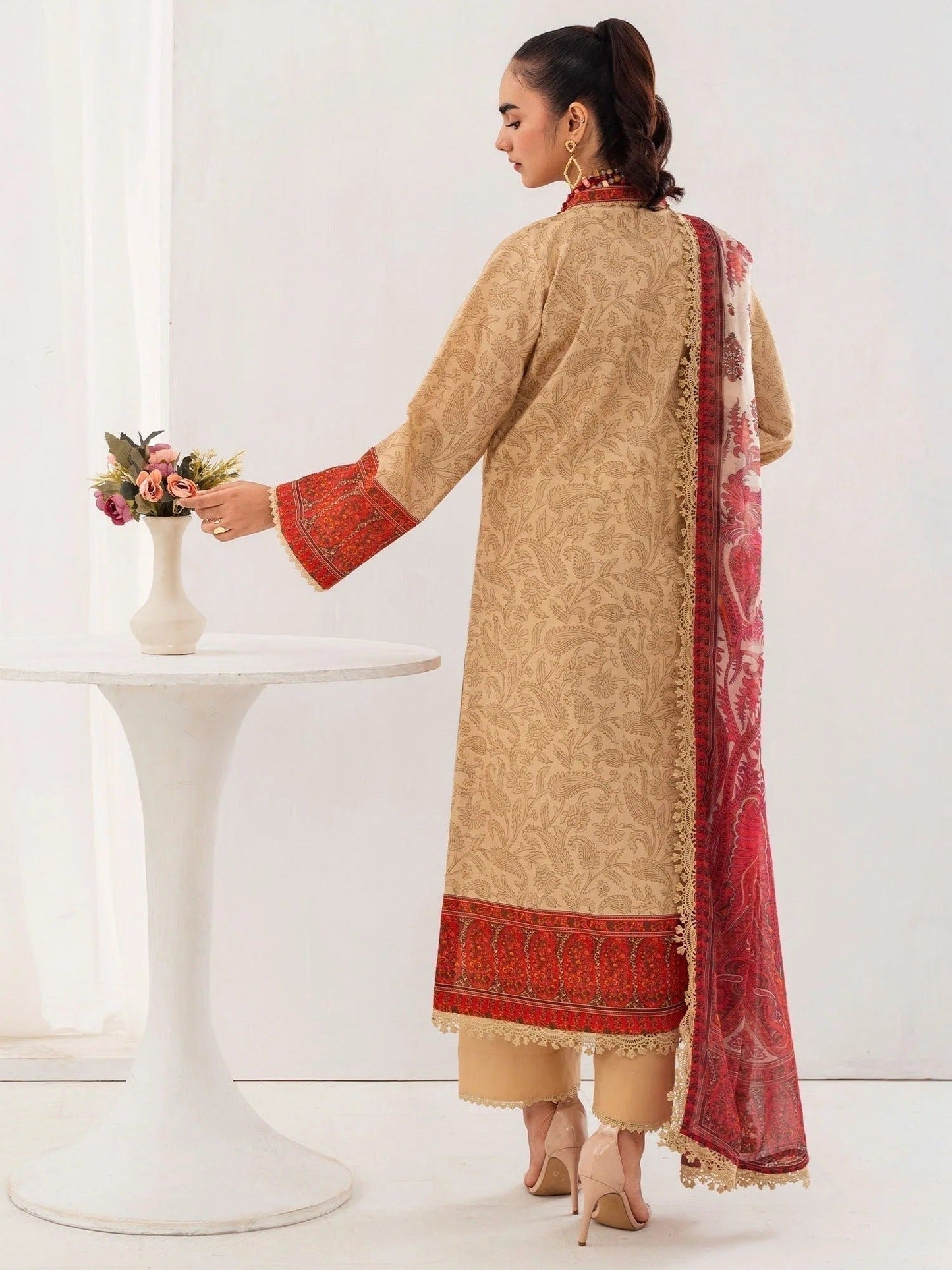 Brown and red-Chandan Nagri Lawn Embroidered Stitched 3-Piece Suit-Perle