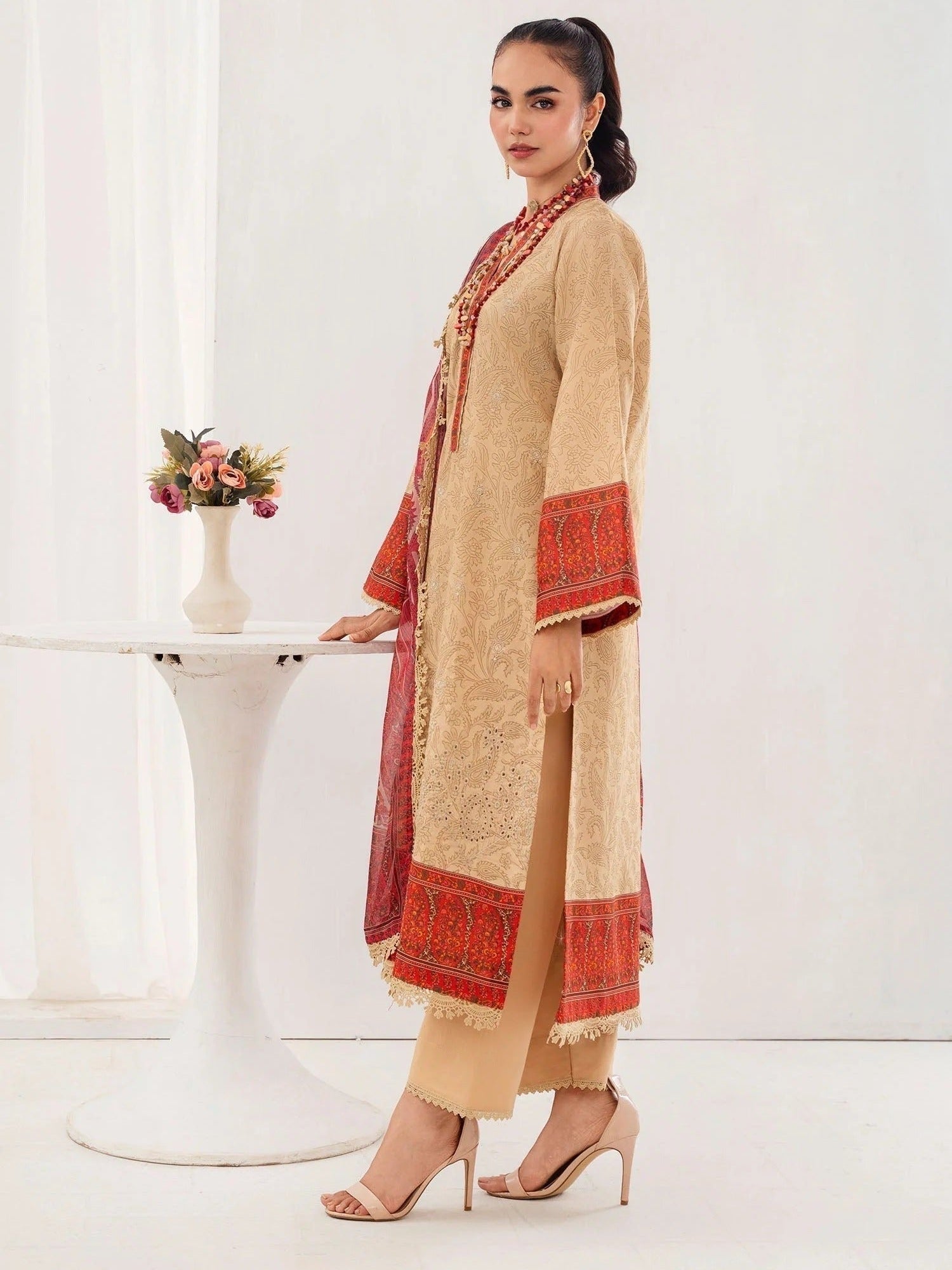 Brown and red-Chandan Nagri Lawn Embroidered Stitched 3-Piece Suit-Perle
