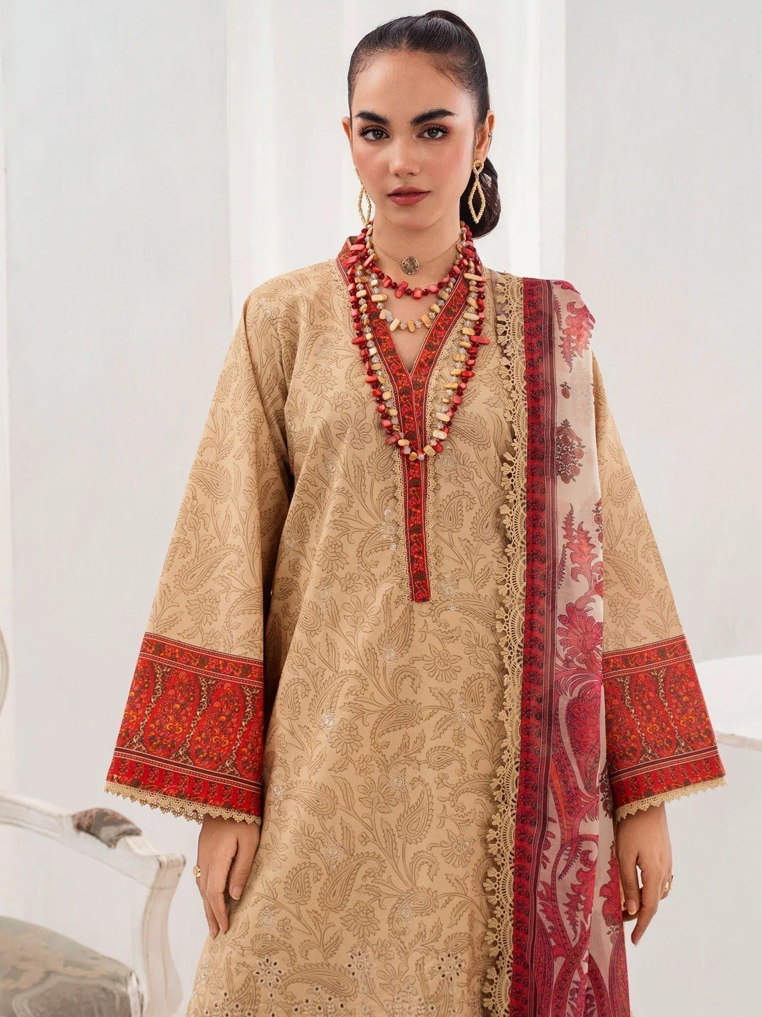 Brown and red-Chandan Nagri Lawn Embroidered Stitched 3-Piece Suit-Perle
