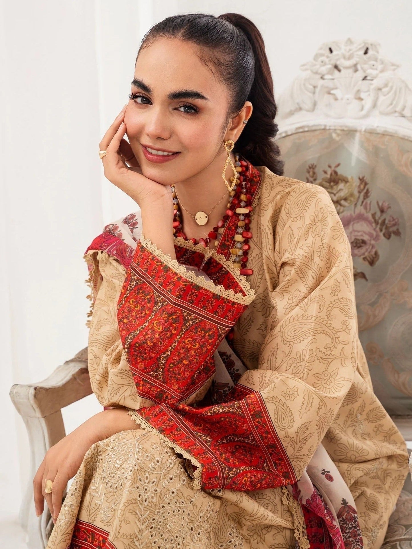 Brown and red-Chandan Nagri Lawn Embroidered Stitched 3-Piece Suit-Perle