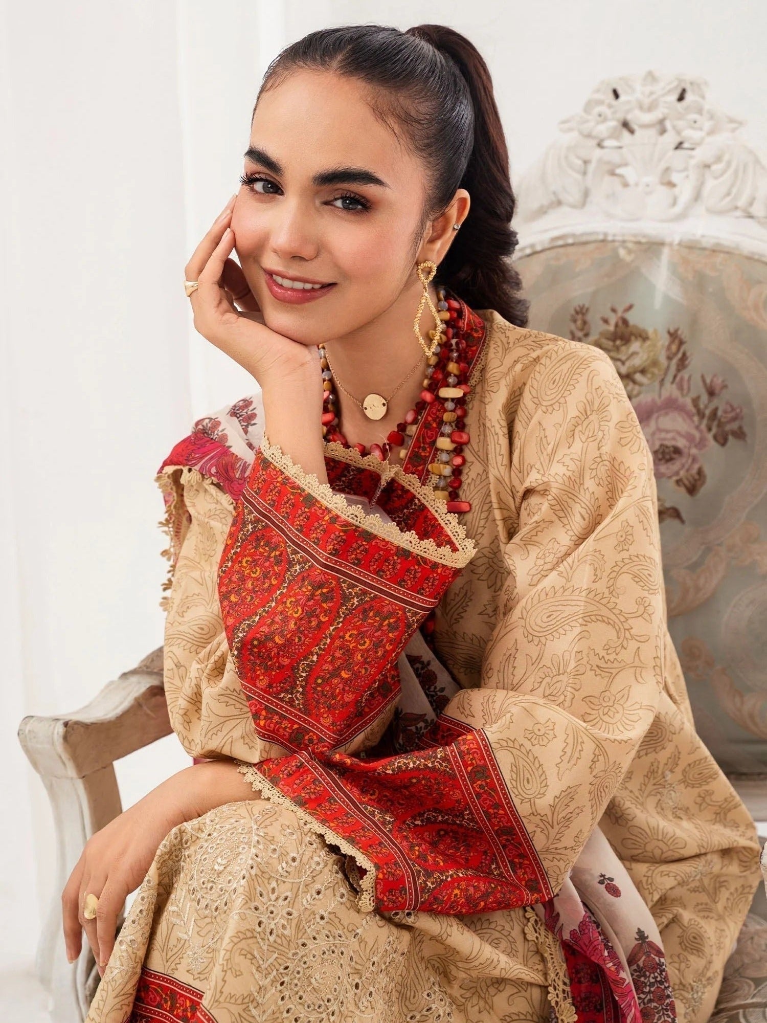Brown and red-Chandan Nagri Lawn Embroidered Stitched 3-Piece Suit-Perle