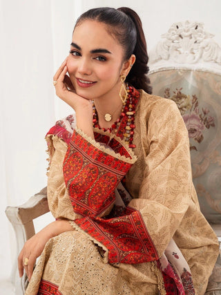 Brown and red Chandan Nagri Lawn Embroidered Stitched 3 Piece Suit Perle