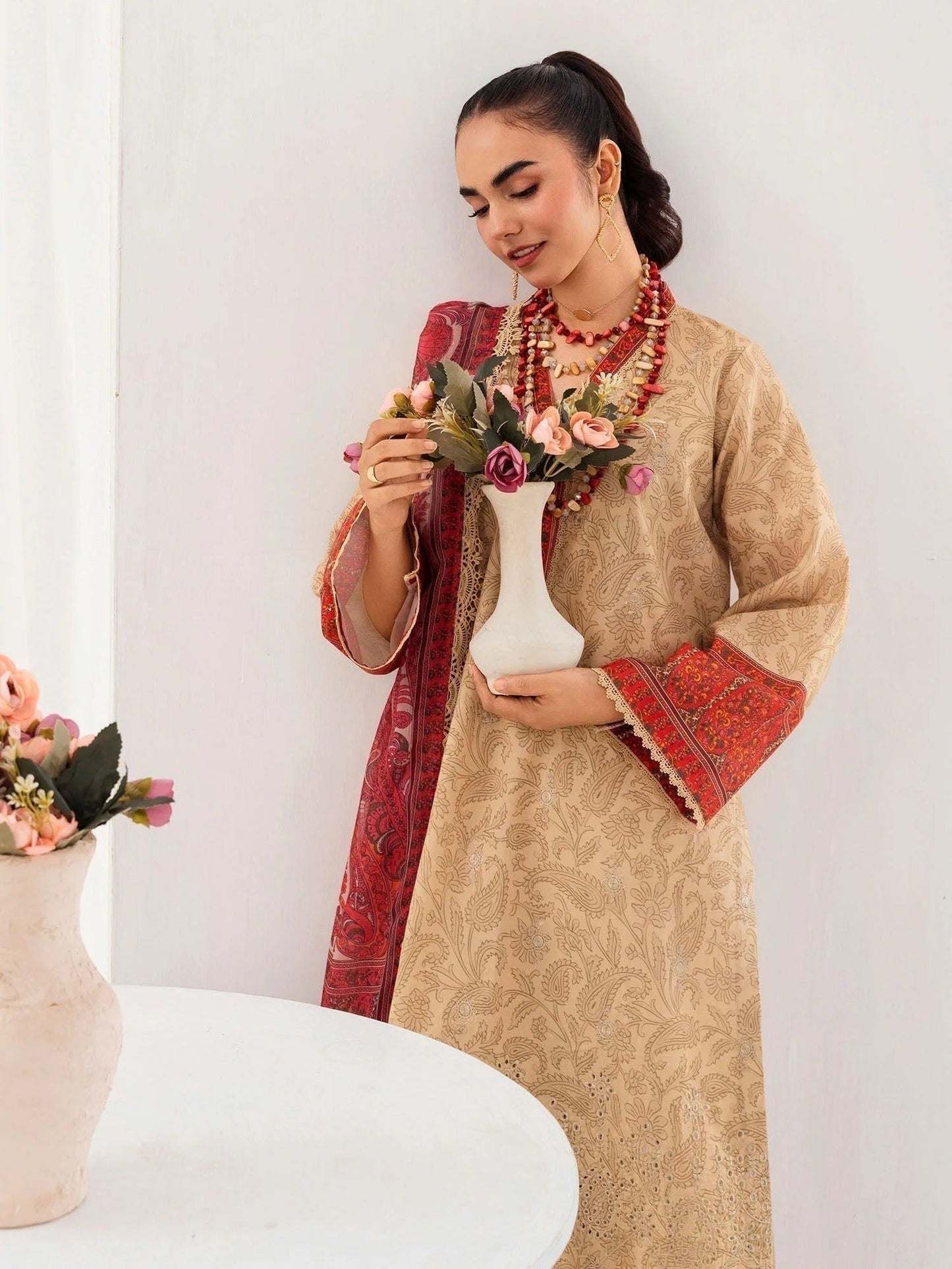Brown and red-Chandan Nagri Lawn Embroidered Stitched 3-Piece Suit-Perle