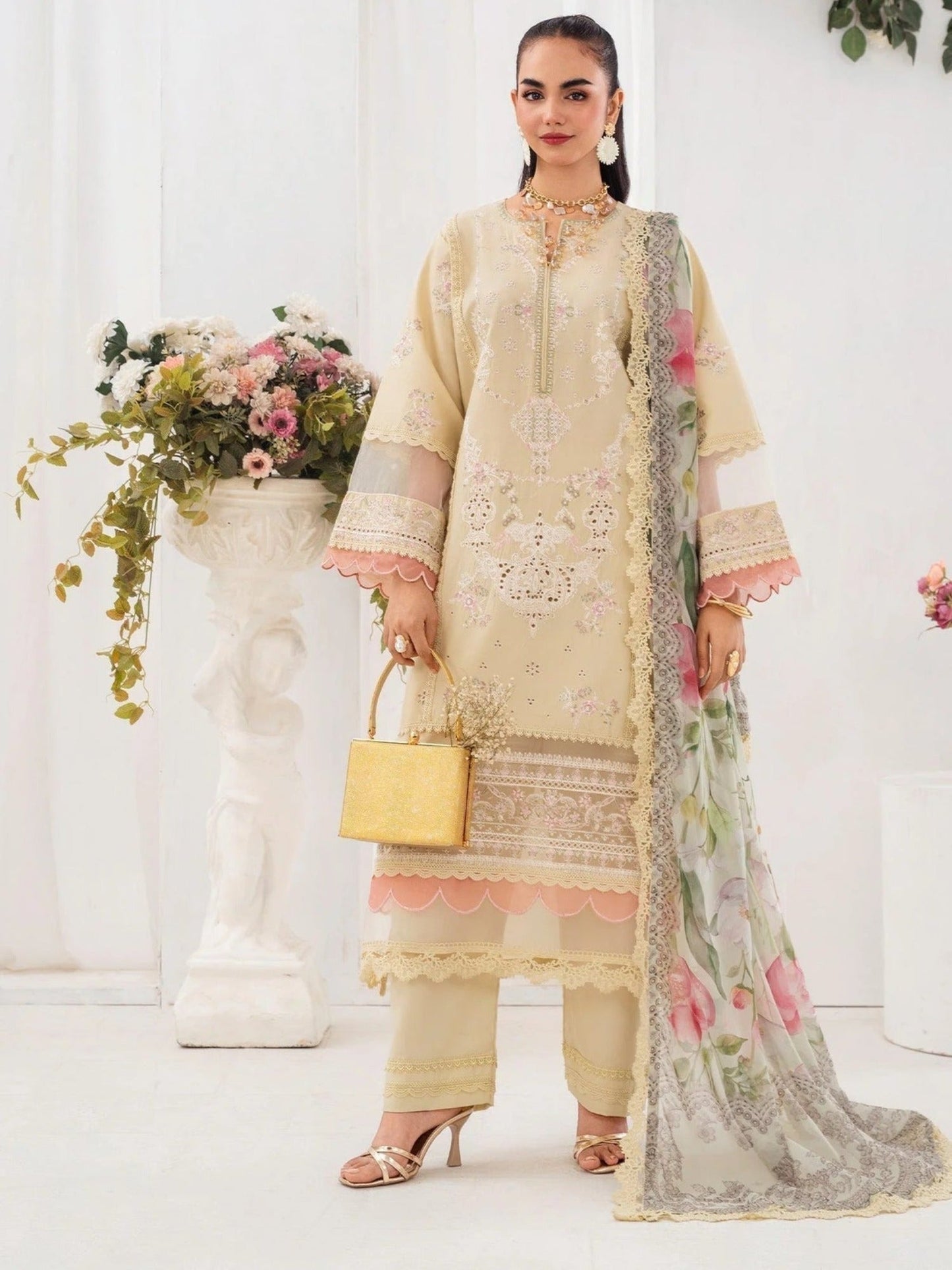 Yellow-Chandan Nagri Lawn Embroidered Stitched 3-Piece Suit-Elnaz