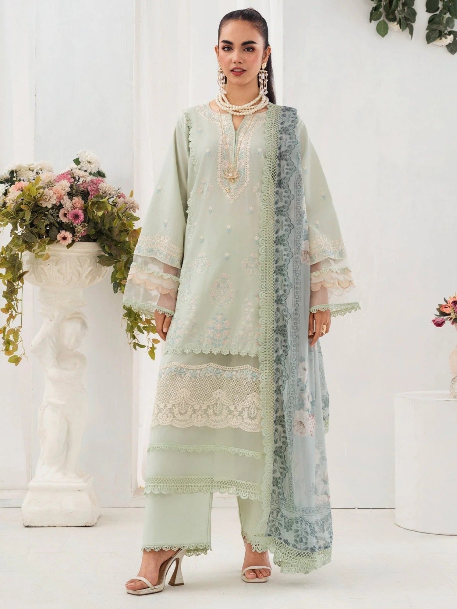 Mint green-Chandan Nagri Lawn Embroidered Stitched 3-Piece Suit-Evolet
