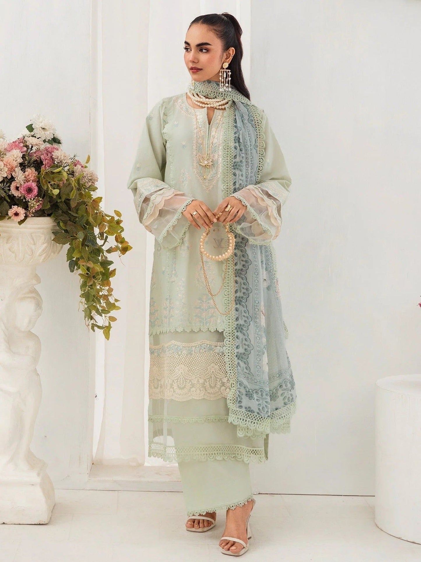Mint green-Chandan Nagri Lawn Embroidered Stitched 3-Piece Suit-Evolet