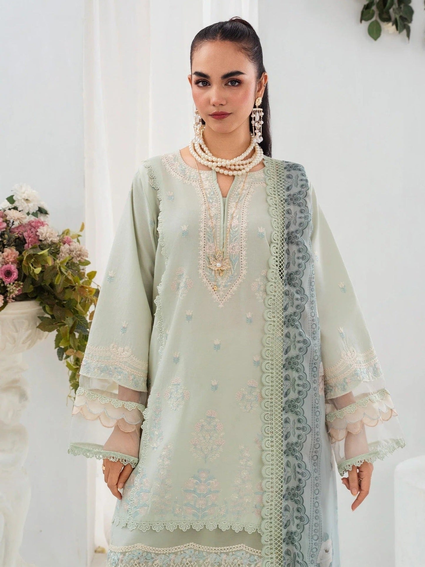 Mint green-Chandan Nagri Lawn Embroidered Stitched 3-Piece Suit-Evolet