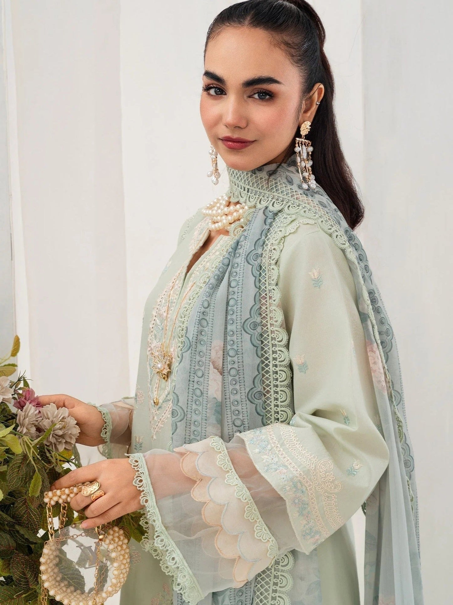 Mint green-Chandan Nagri Lawn Embroidered Stitched 3-Piece Suit-Evolet