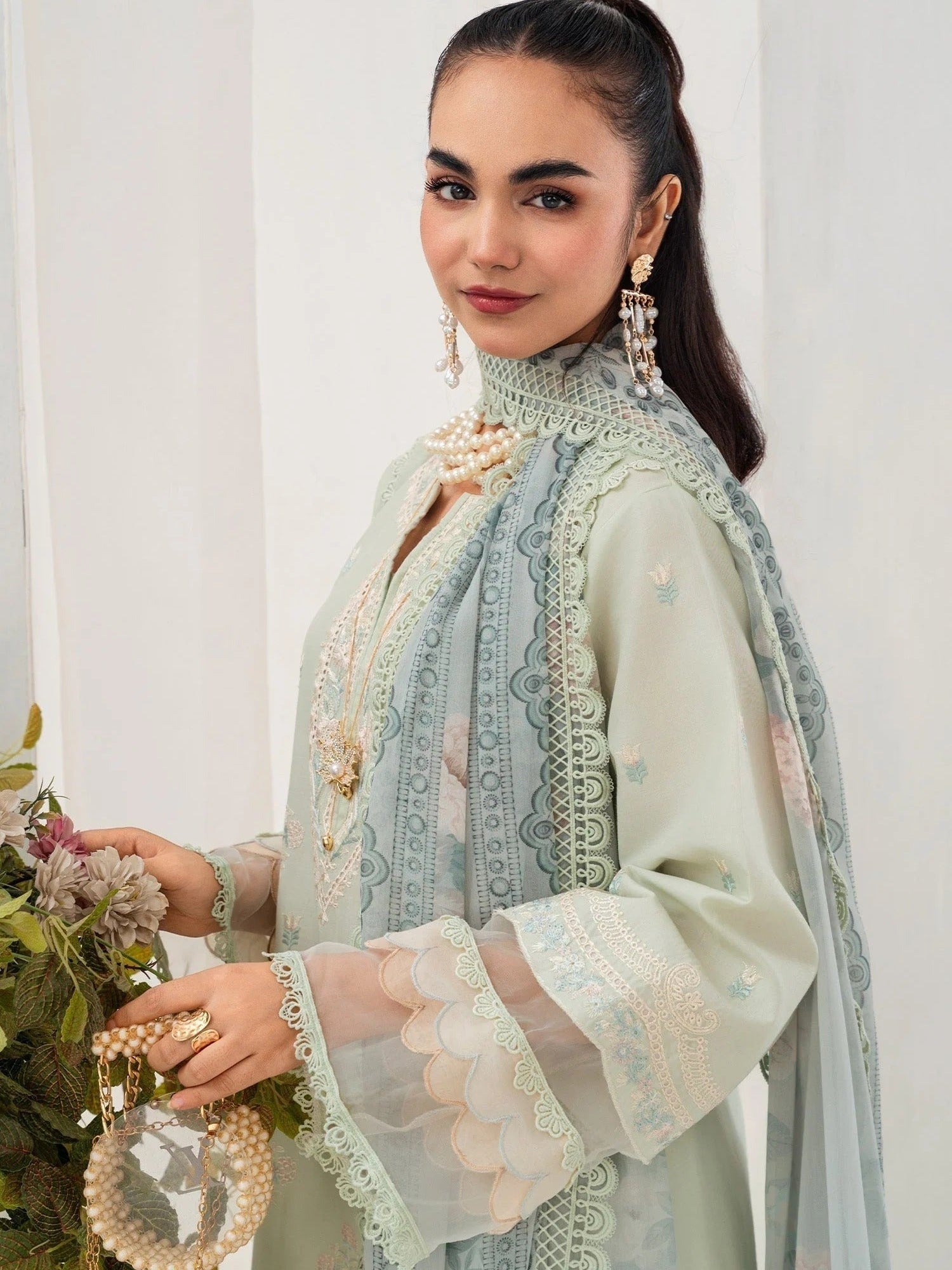Mint green-Chandan Nagri Lawn Embroidered Stitched 3-Piece Suit-Evolet