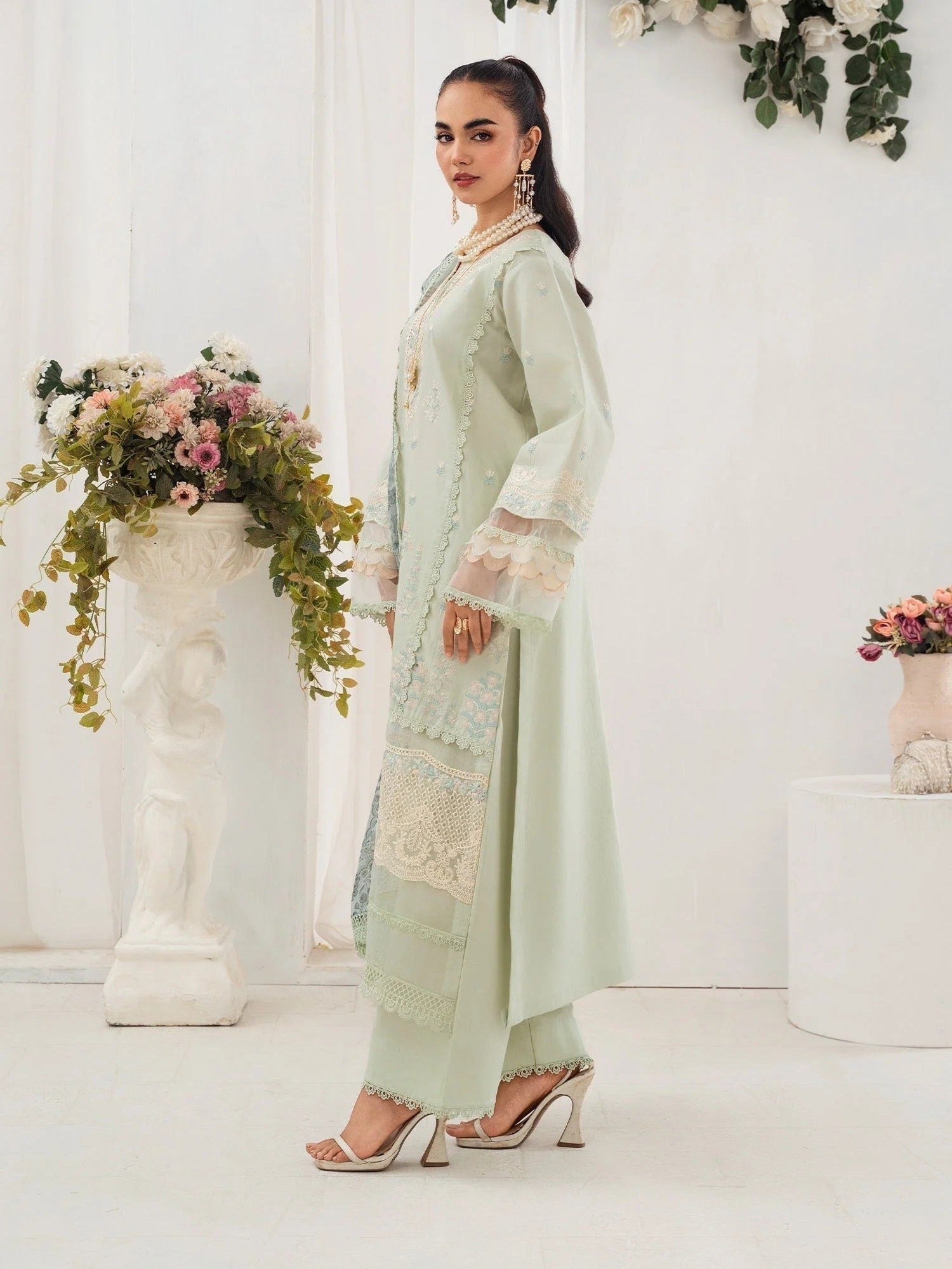Mint green-Chandan Nagri Lawn Embroidered Stitched 3-Piece Suit-Evolet