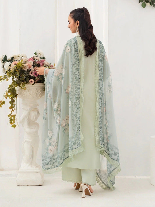 Mint green-Chandan Nagri Lawn Embroidered Stitched 3-Piece Suit-Evolet