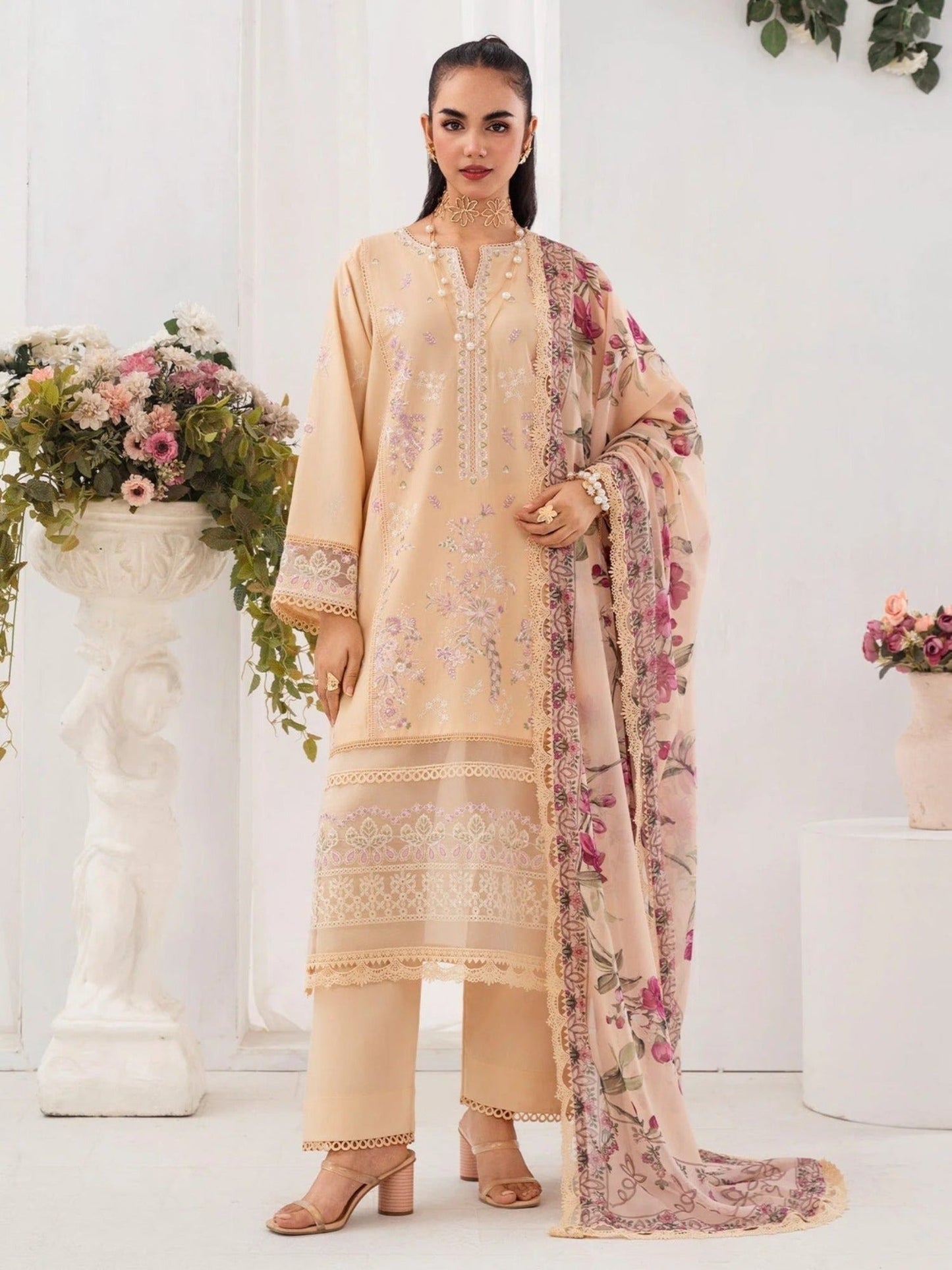Peach-Chandan Nagri Lawn Embroidered Stitched 3-Piece Suit-Oriane