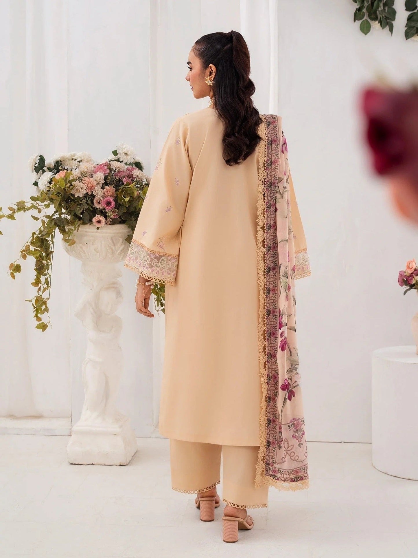 Peach-Chandan Nagri Lawn Embroidered Stitched 3-Piece Suit-Oriane
