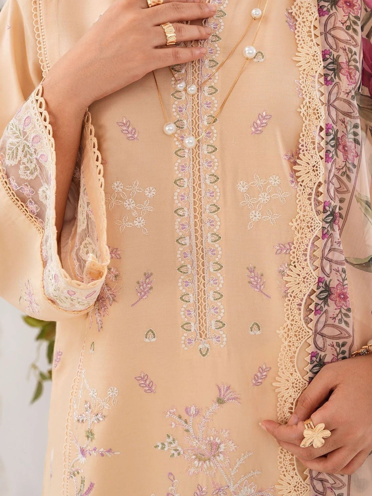 Peach-Chandan Nagri Lawn Embroidered Stitched 3-Piece Suit-Oriane