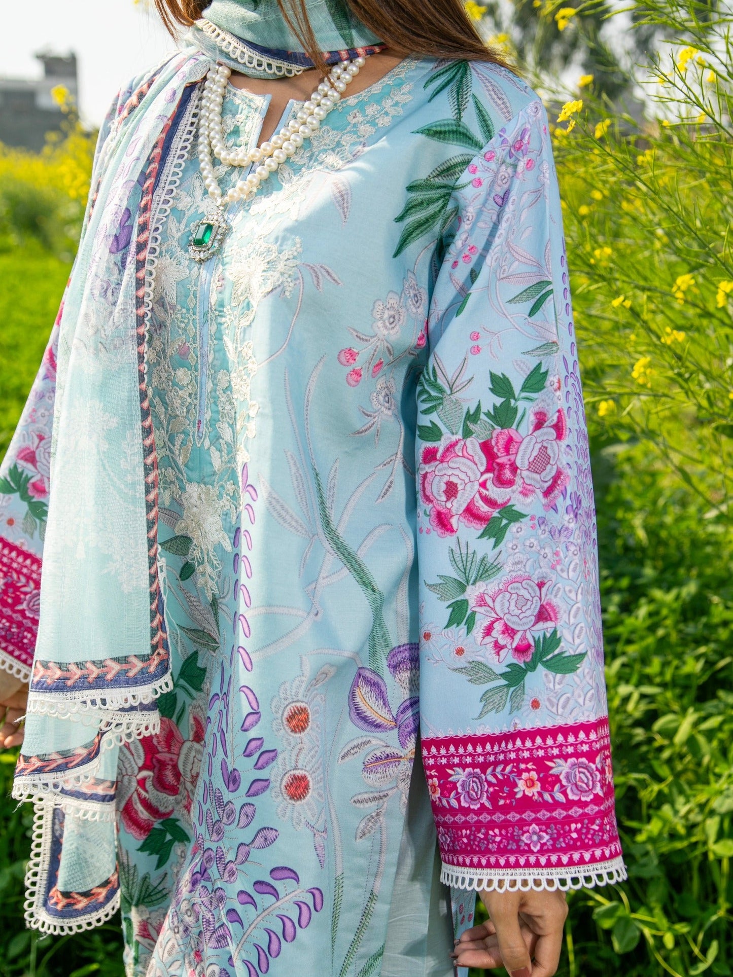 Blue-Chandan Nagri Cotton Embroidered Stitched 3-Piece Suit-Daisy