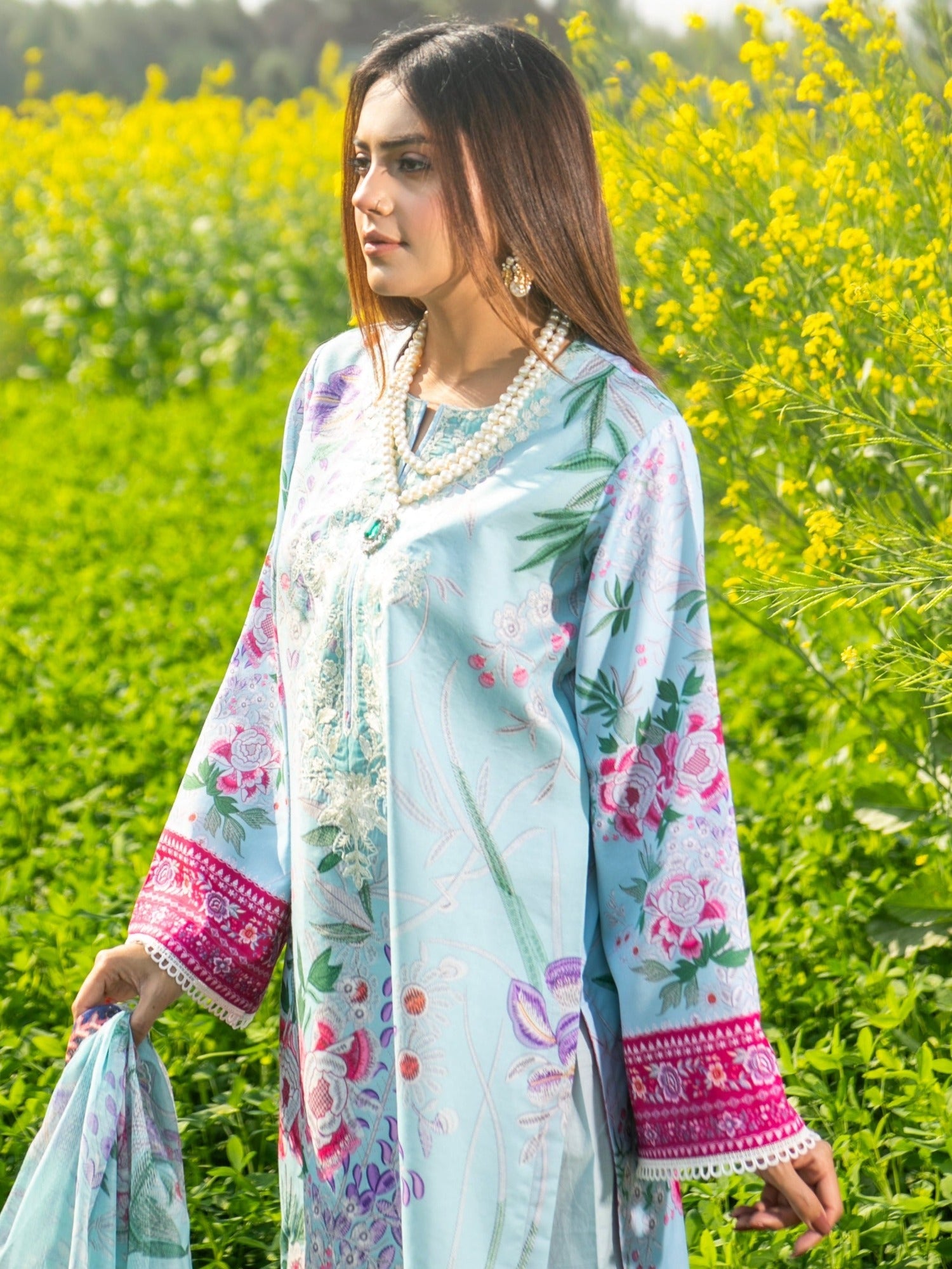 Blue-Chandan Nagri Cotton Embroidered Stitched 3-Piece Suit-Daisy