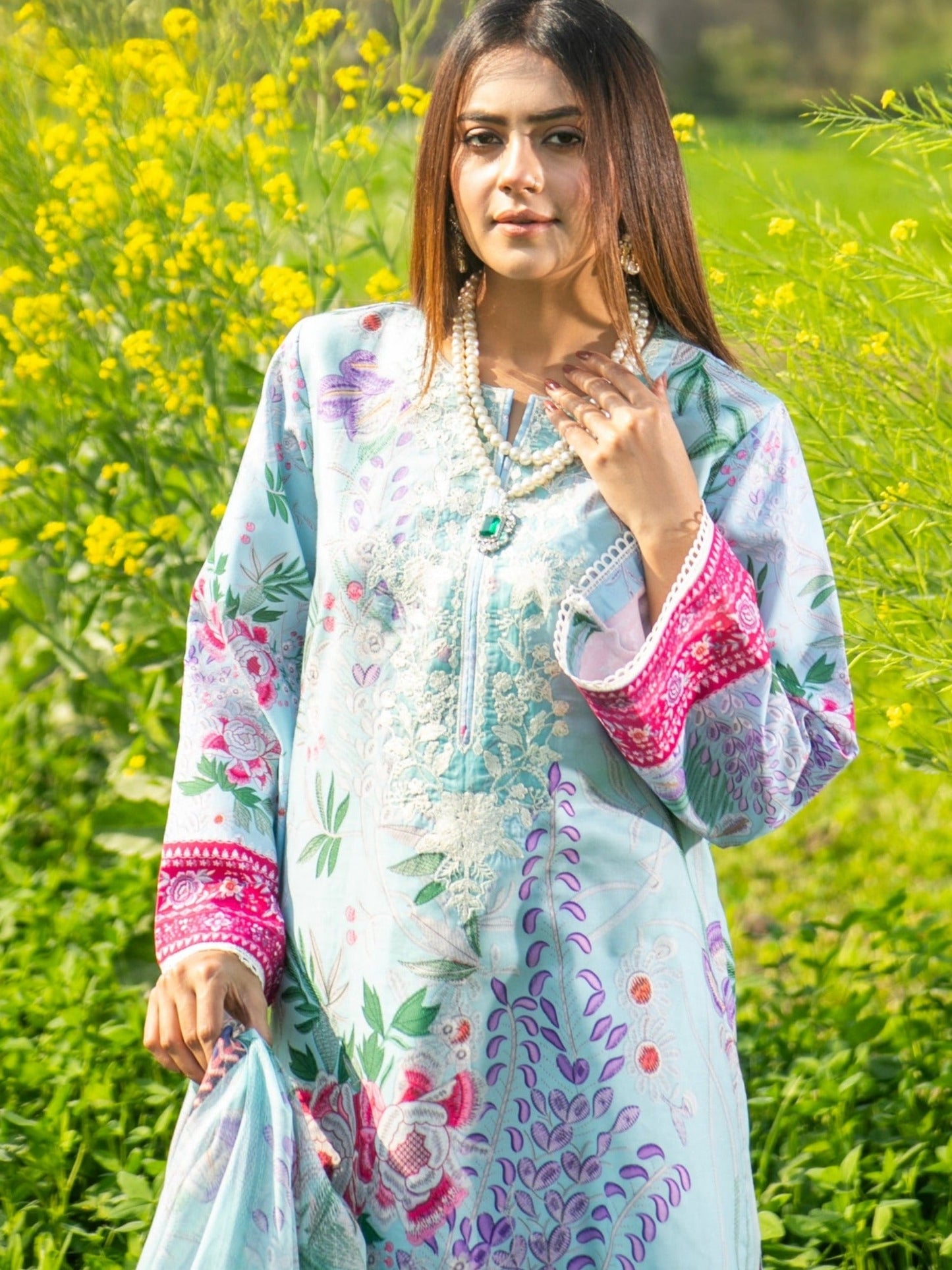 Blue-Chandan Nagri Cotton Embroidered Stitched 3-Piece Suit-Daisy