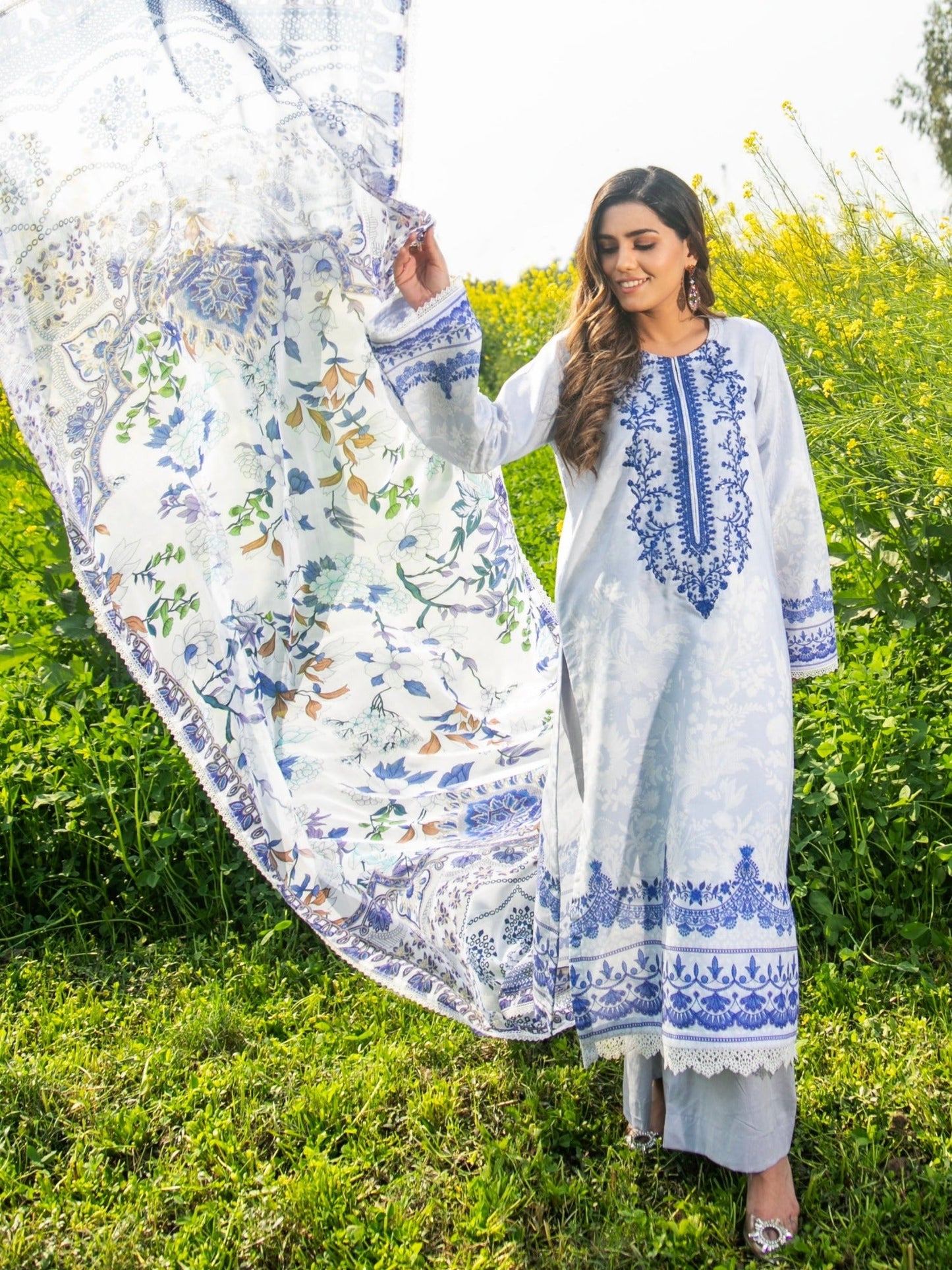 Blue-Chandan Nagri Cotton Lawn Embroidered Stitched 3-Piece Suit-Julet