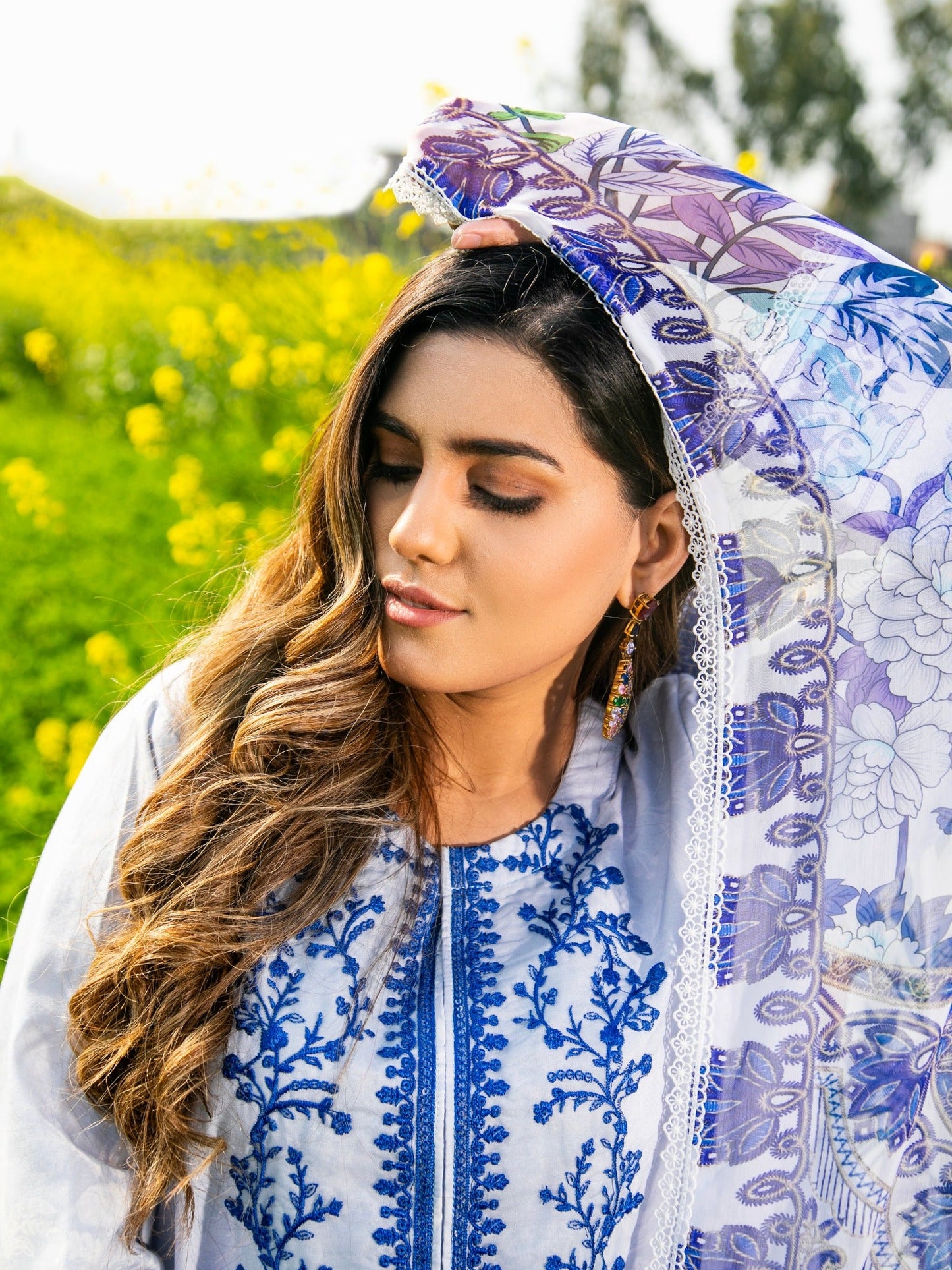 Blue-Chandan Nagri Cotton Lawn Embroidered Stitched 3-Piece Suit-Julet