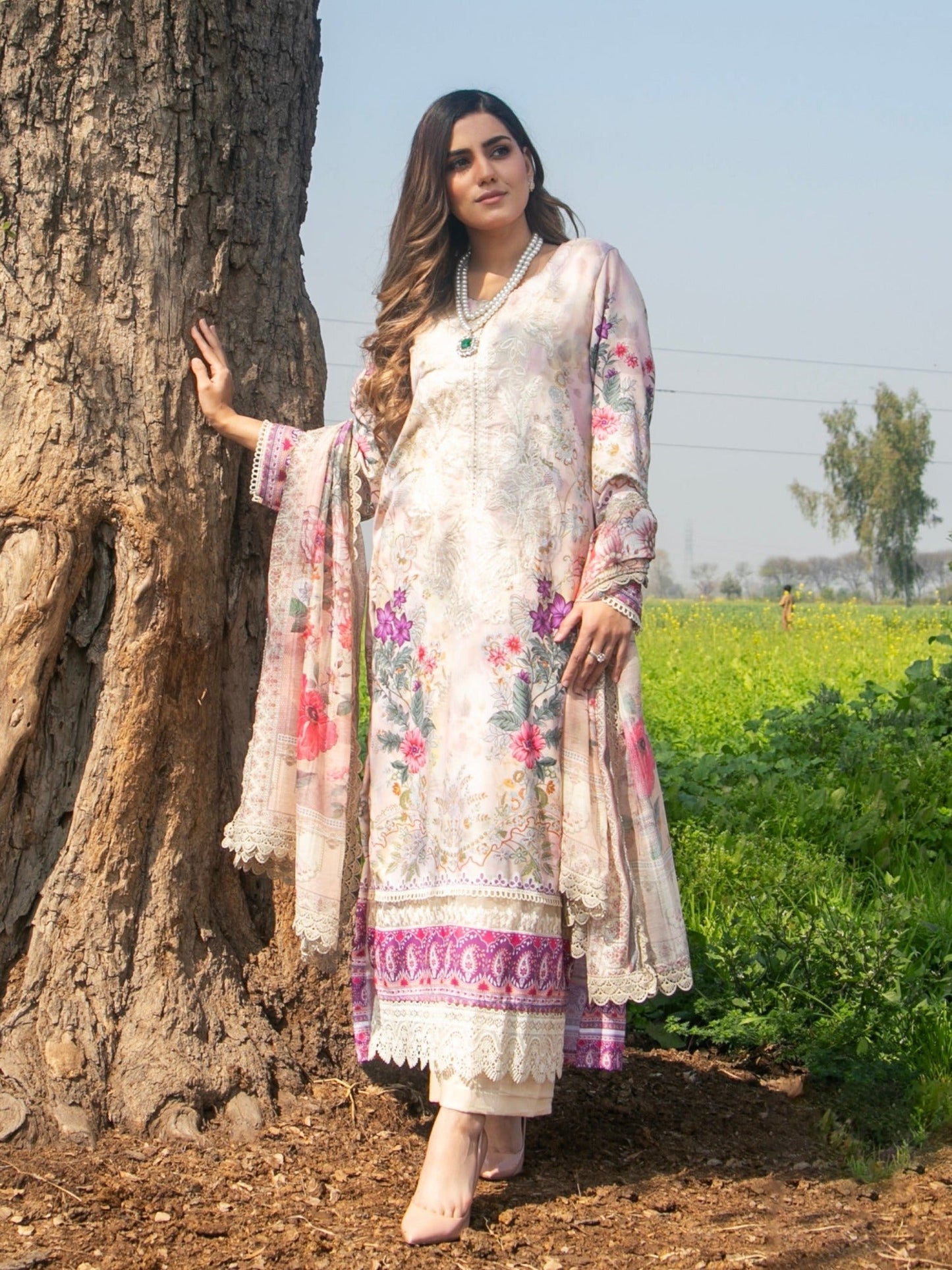 Cream-Chandan Nagri Cotton Lawn Embroidered Stitched 3-Piece Suit-Elie