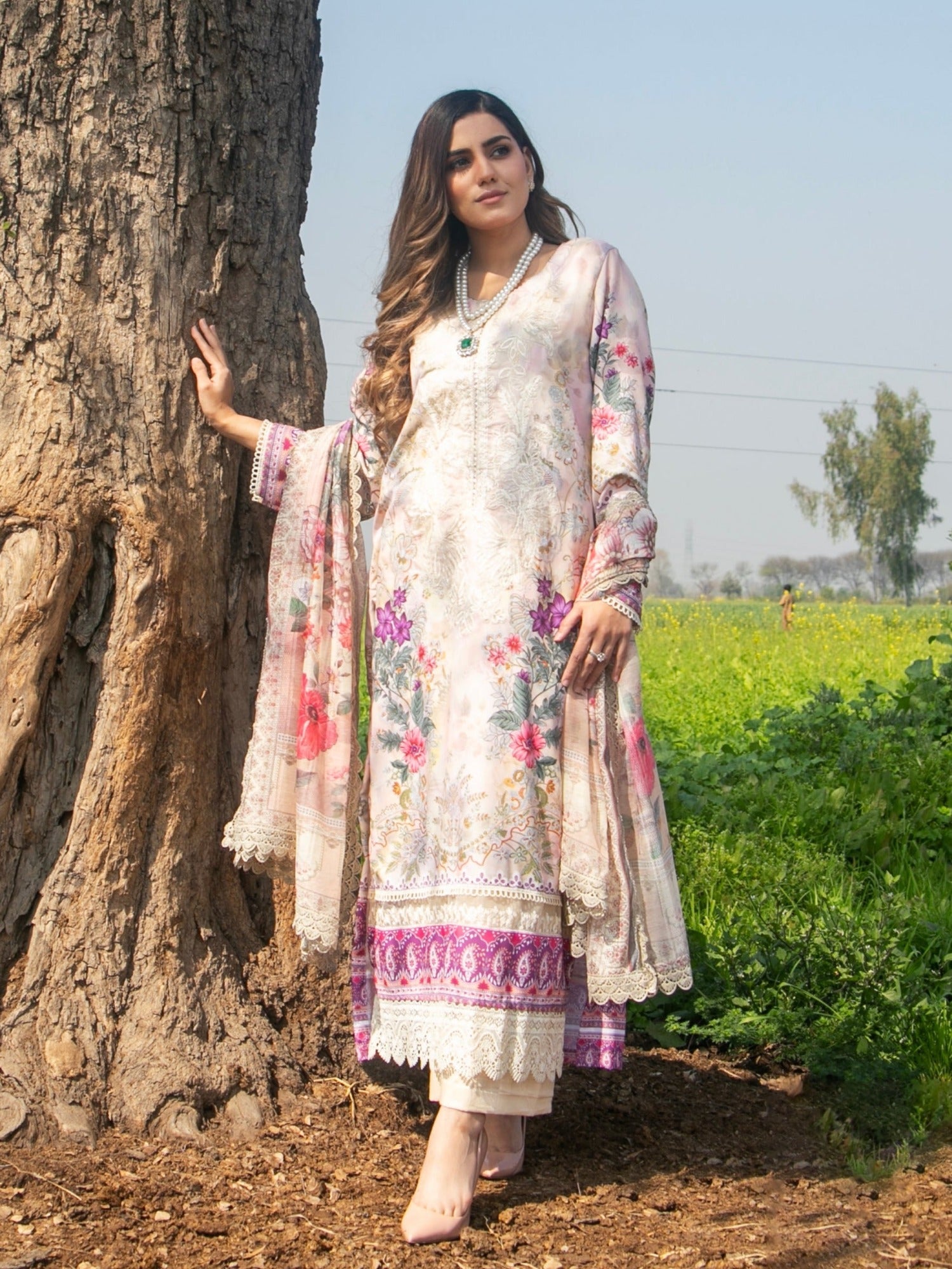 Cream-Chandan Nagri Cotton Lawn Embroidered Stitched 3-Piece Suit-Elie