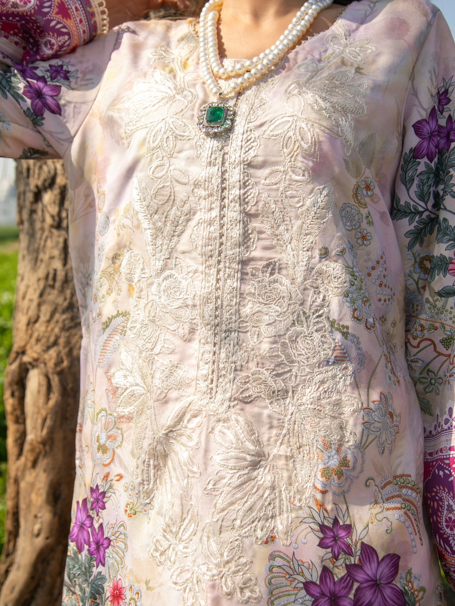 Cream-Chandan Nagri Cotton Lawn Embroidered Stitched 3-Piece Suit-Elie