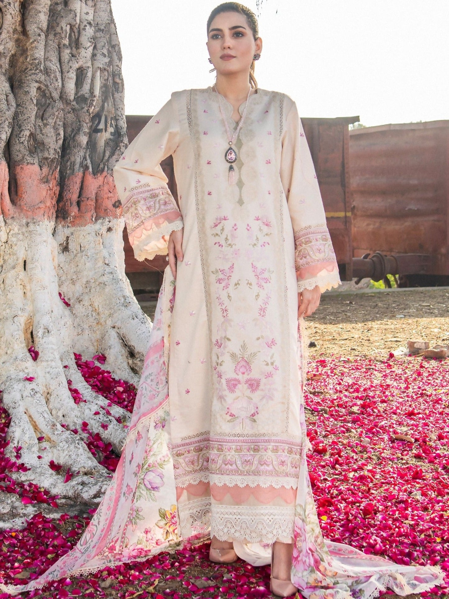 Cream-Chandan Nagri Lawn Cotton Embroidered Stitched 3-Piece Suit-Maral