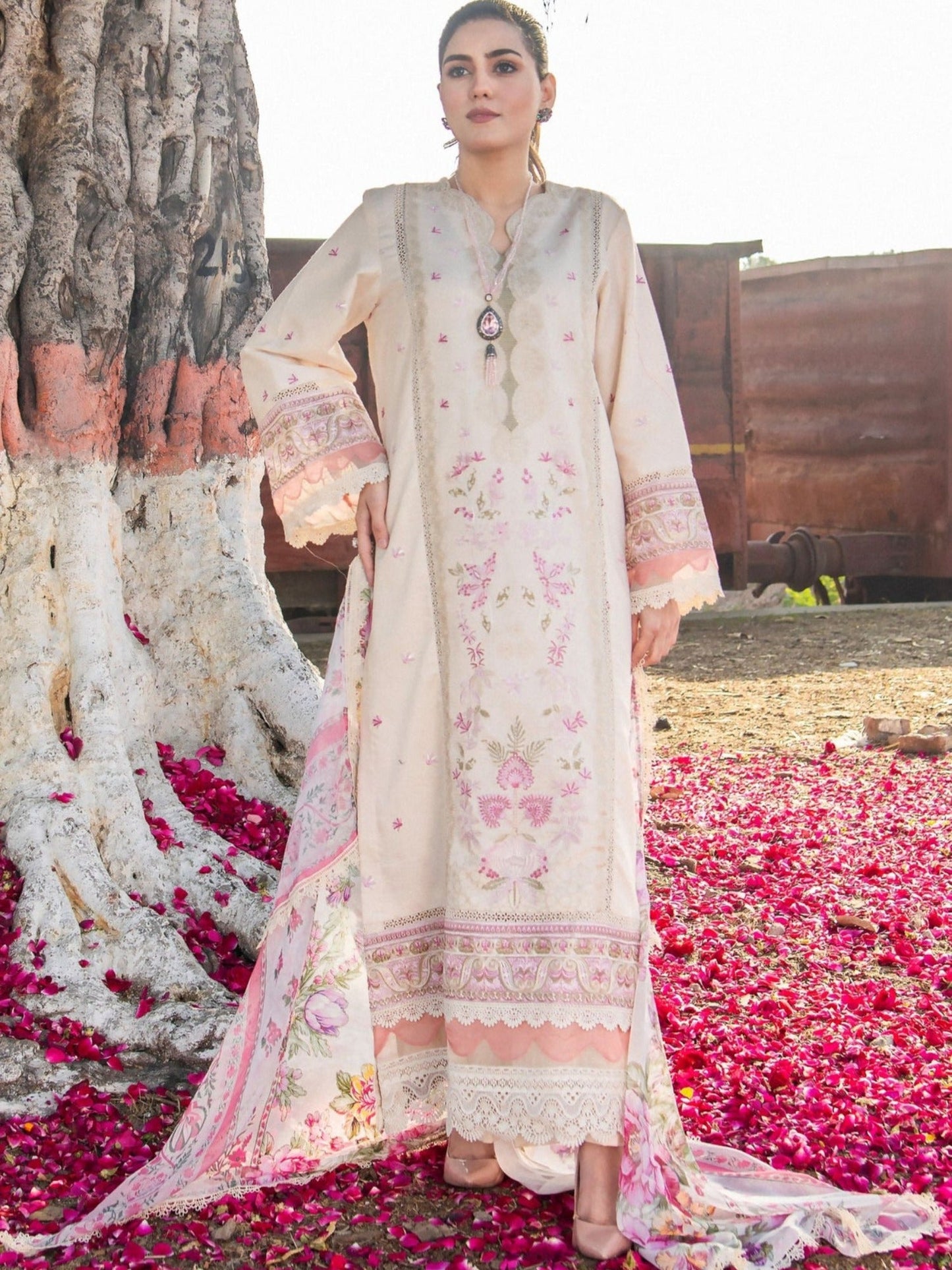Cream-Chandan Nagri Lawn Cotton Embroidered Stitched 3-Piece Suit-Maral