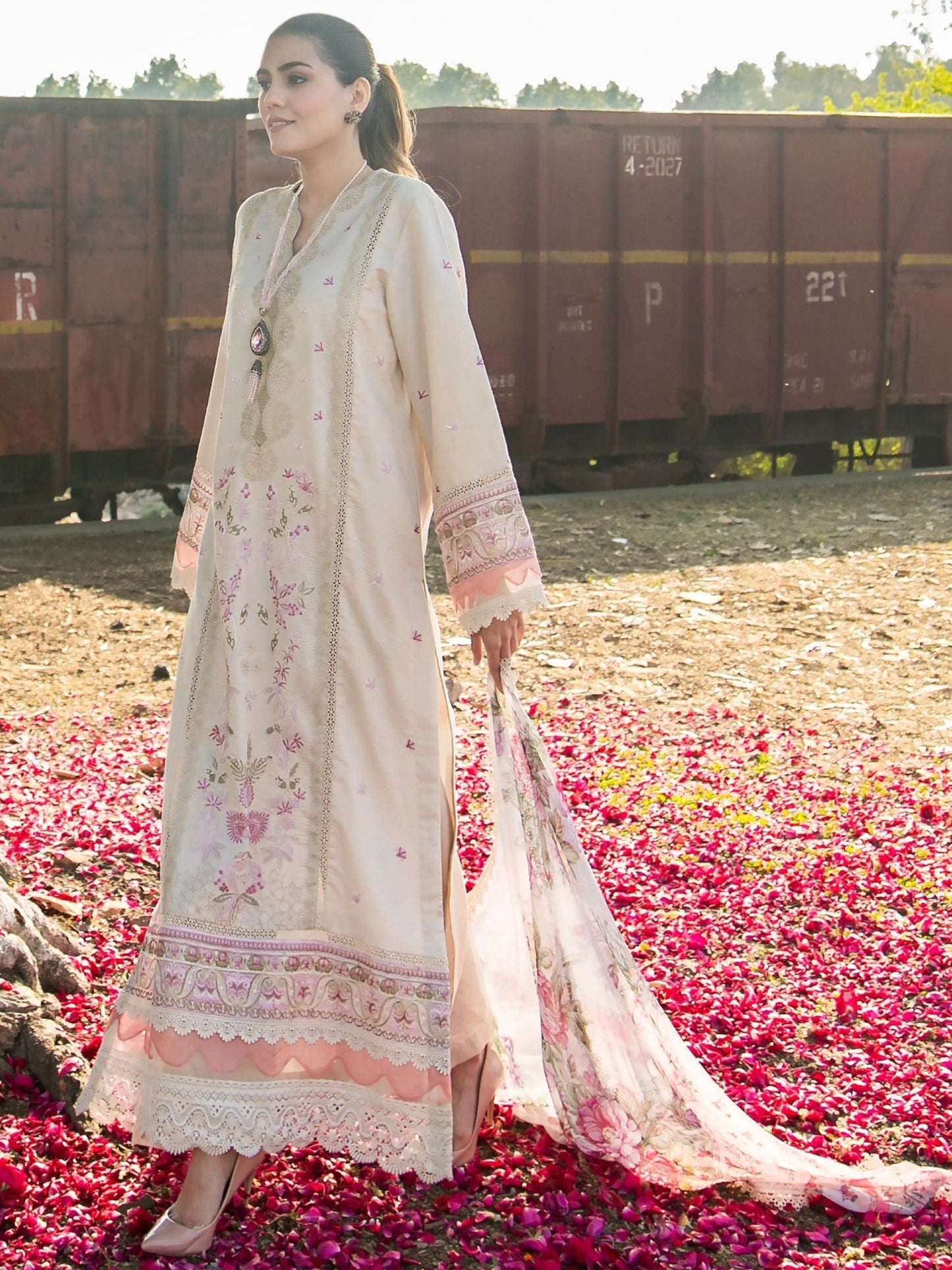 Cream-Chandan Nagri Lawn Cotton Embroidered Stitched 3-Piece Suit-Maral