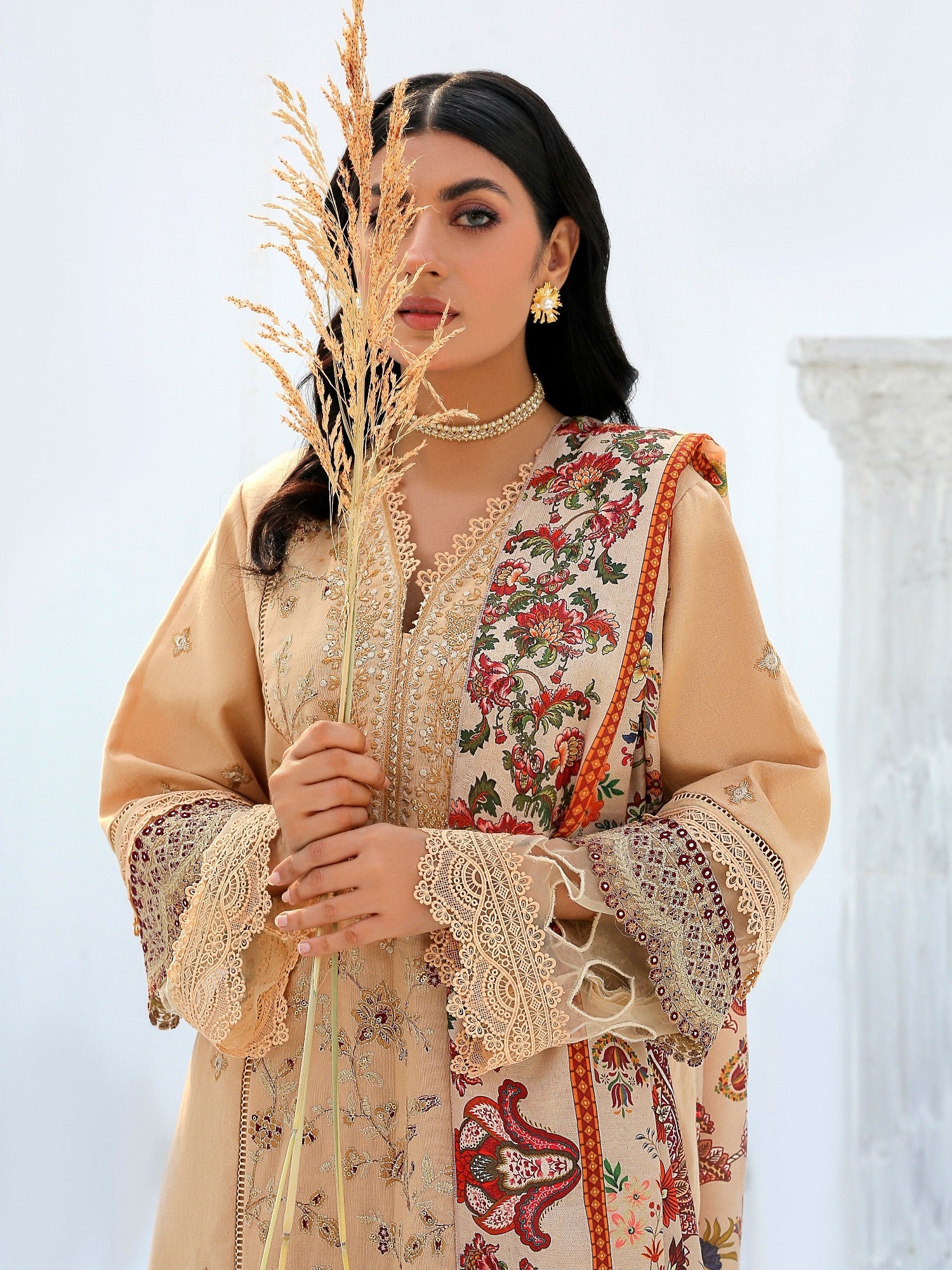 Beige-Chandan Nagri Khaddar Embroidered Stitched 3-Piece Suit-Iresine