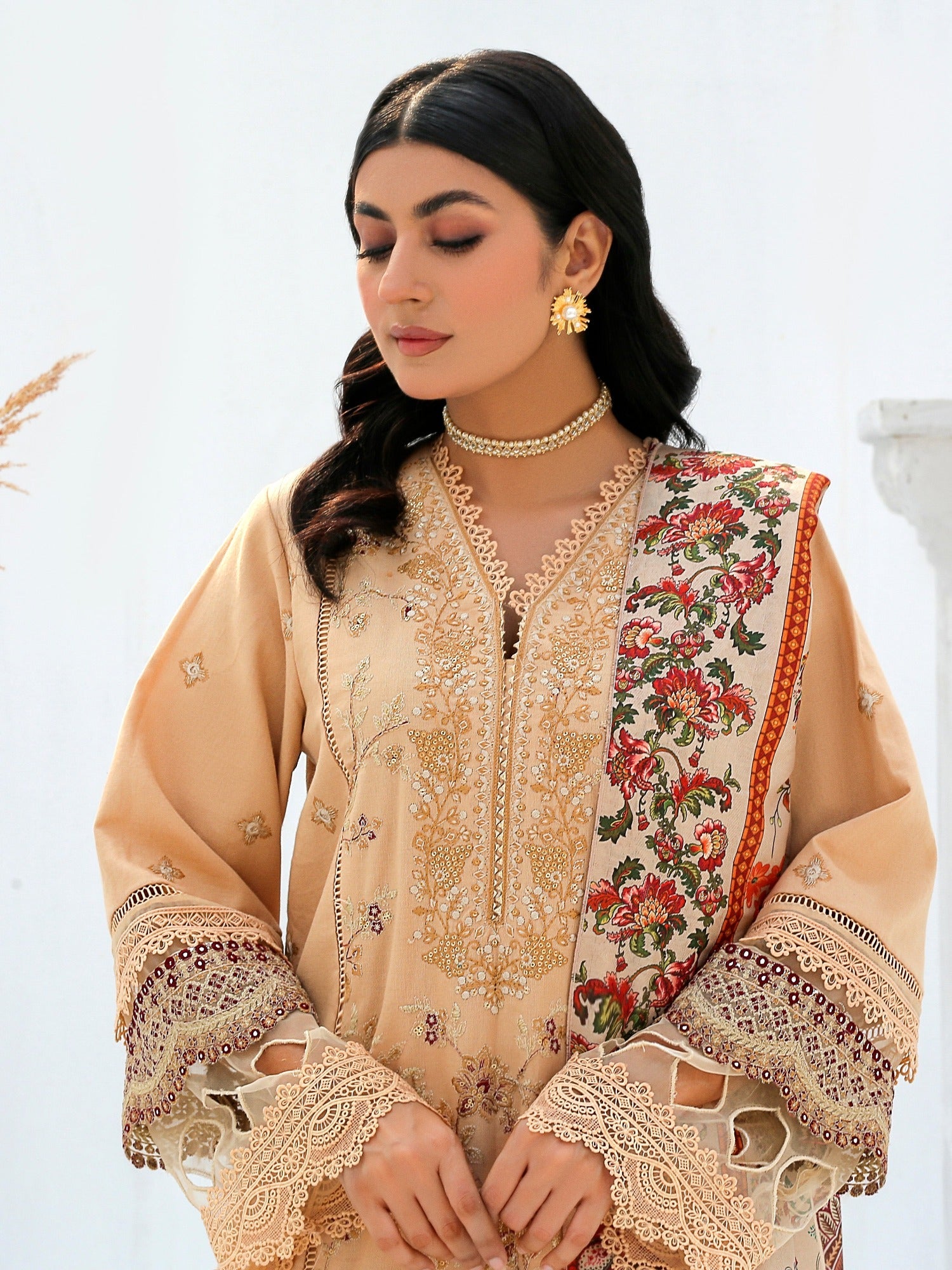 Beige-Chandan Nagri Khaddar Embroidered Stitched 3-Piece Suit-Iresine