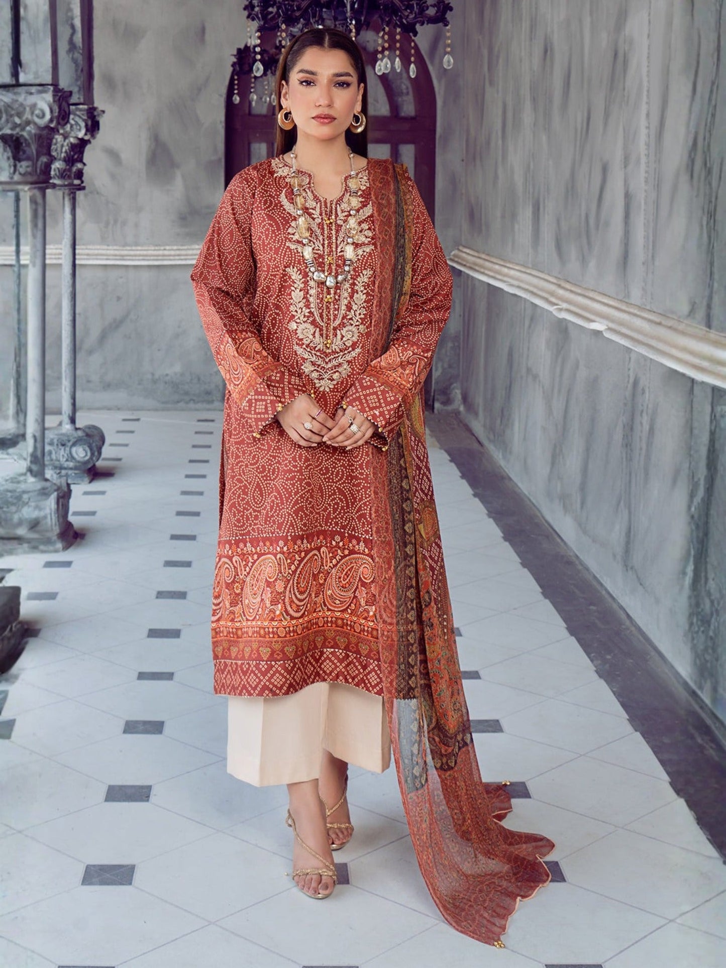 Orange and Cream-Chandan Nagri Lawn Embroidered Stitched 3-Piece Suit-Rose