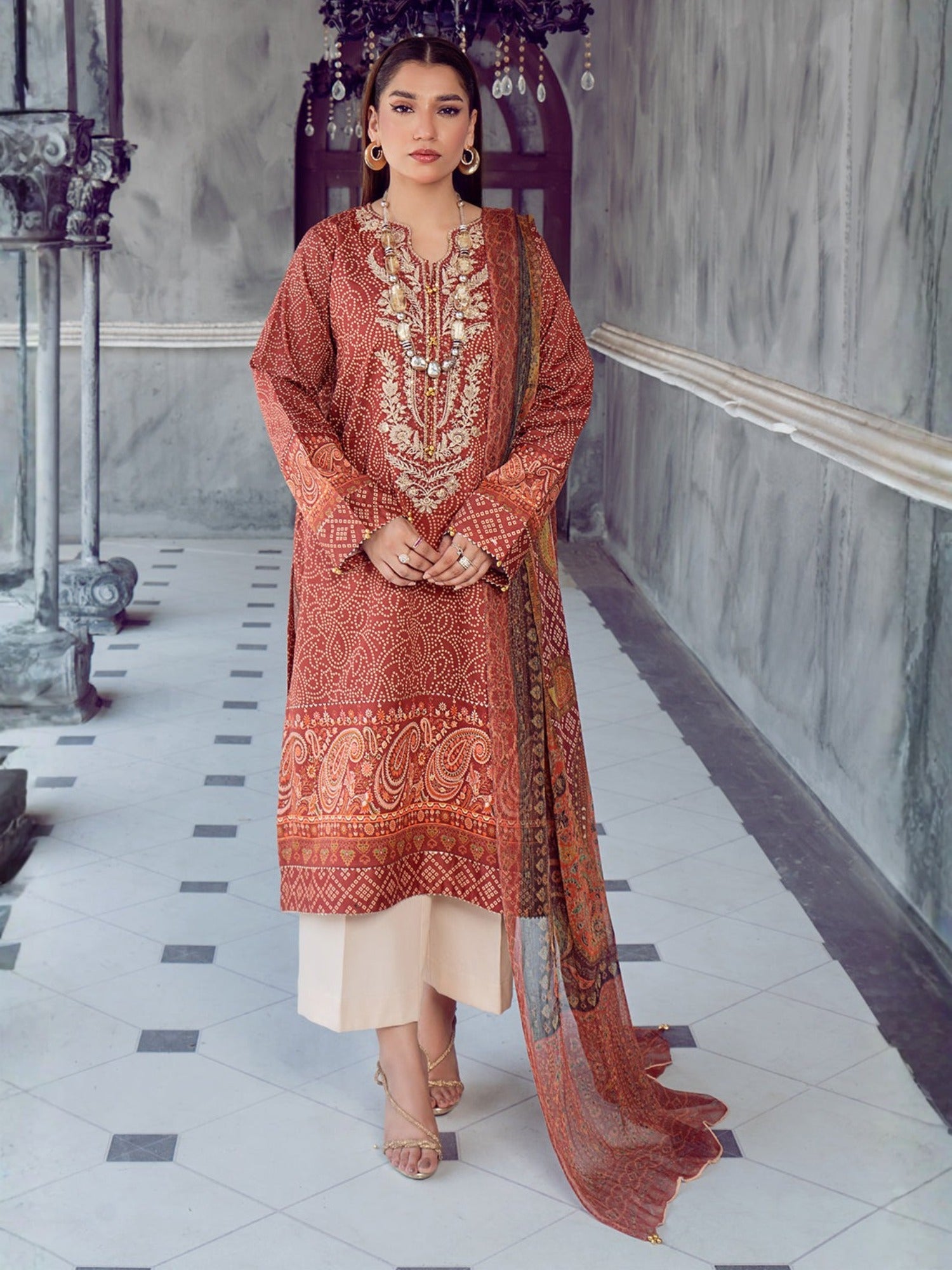 Orange and Cream-Chandan Nagri Lawn Embroidered Stitched 3-Piece Suit-Rose