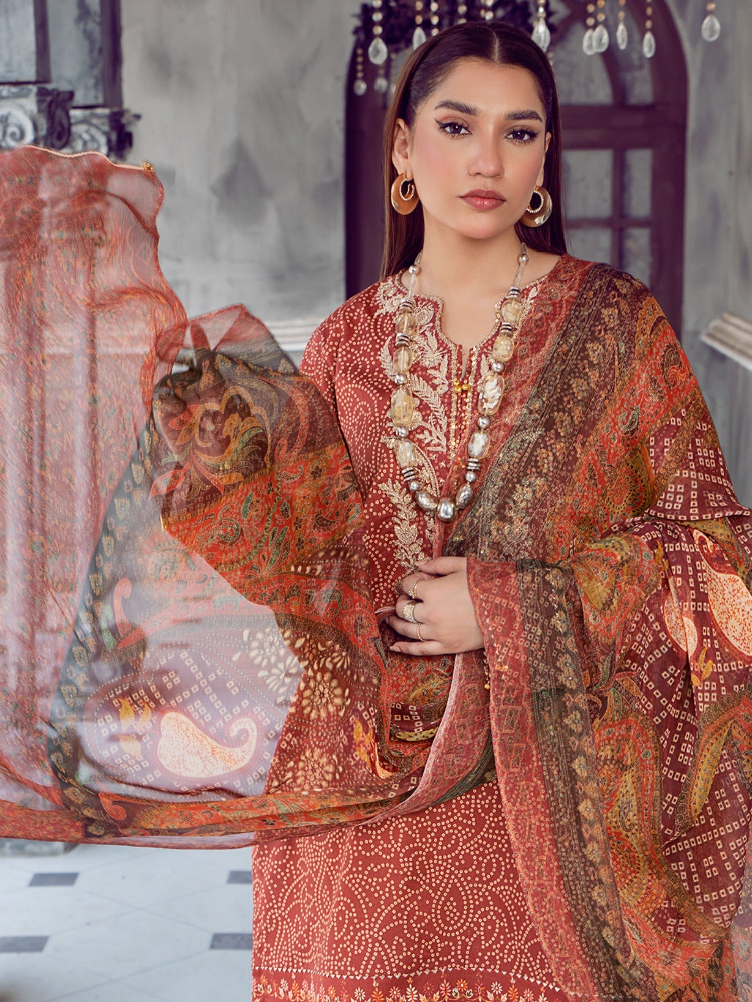 Orange and Cream-Chandan Nagri Lawn Embroidered Stitched 3-Piece Suit-Rose