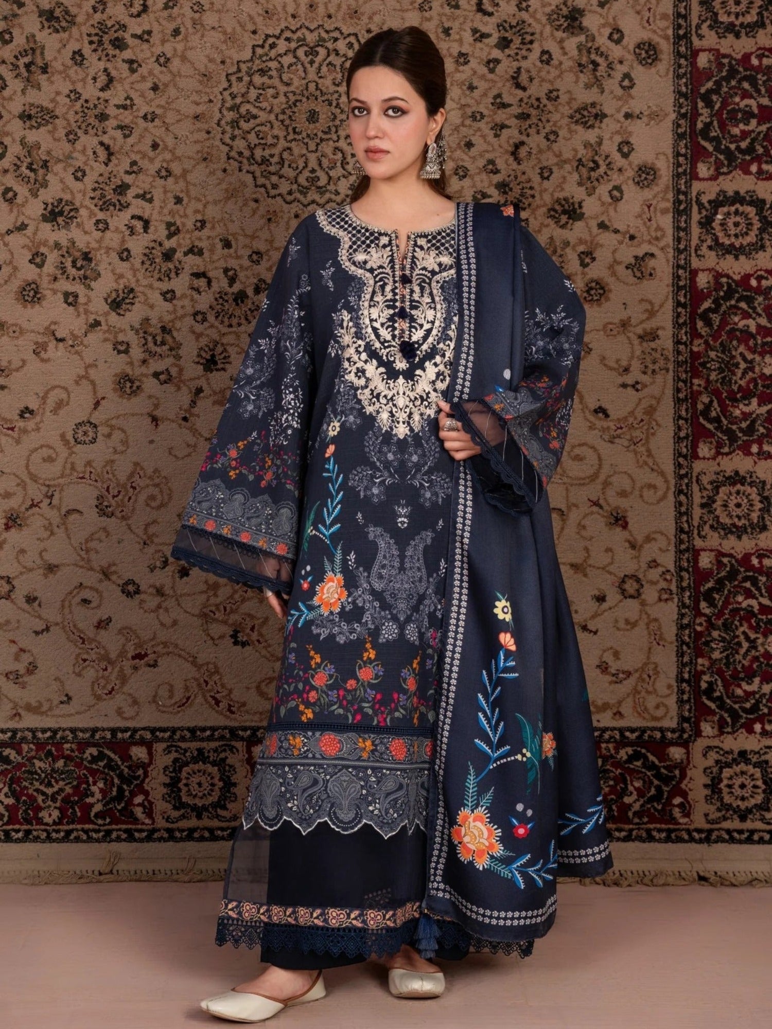 Blue-Chandan Nagri Khaddar Embroidered Stitched 3-Piece Suit-Parsa