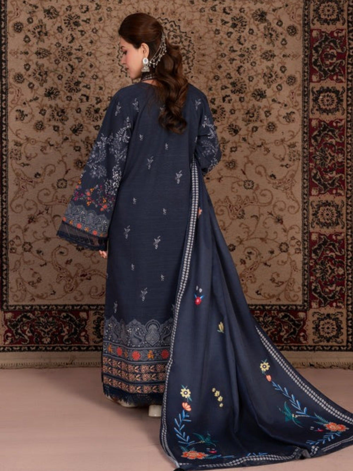 Blue-Chandan Nagri Khaddar Embroidered Stitched 3-Piece Suit-Parsa