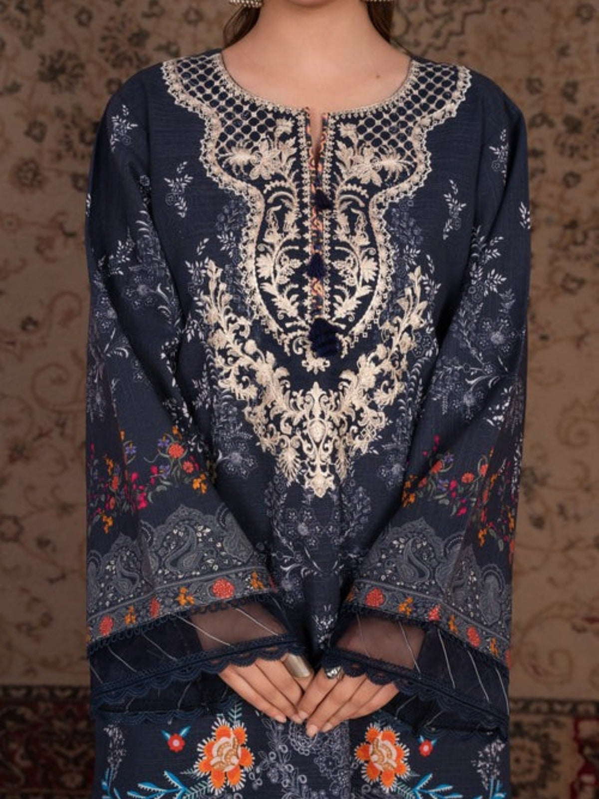 Blue-Chandan Nagri Khaddar Embroidered Stitched 3-Piece Suit-Parsa
